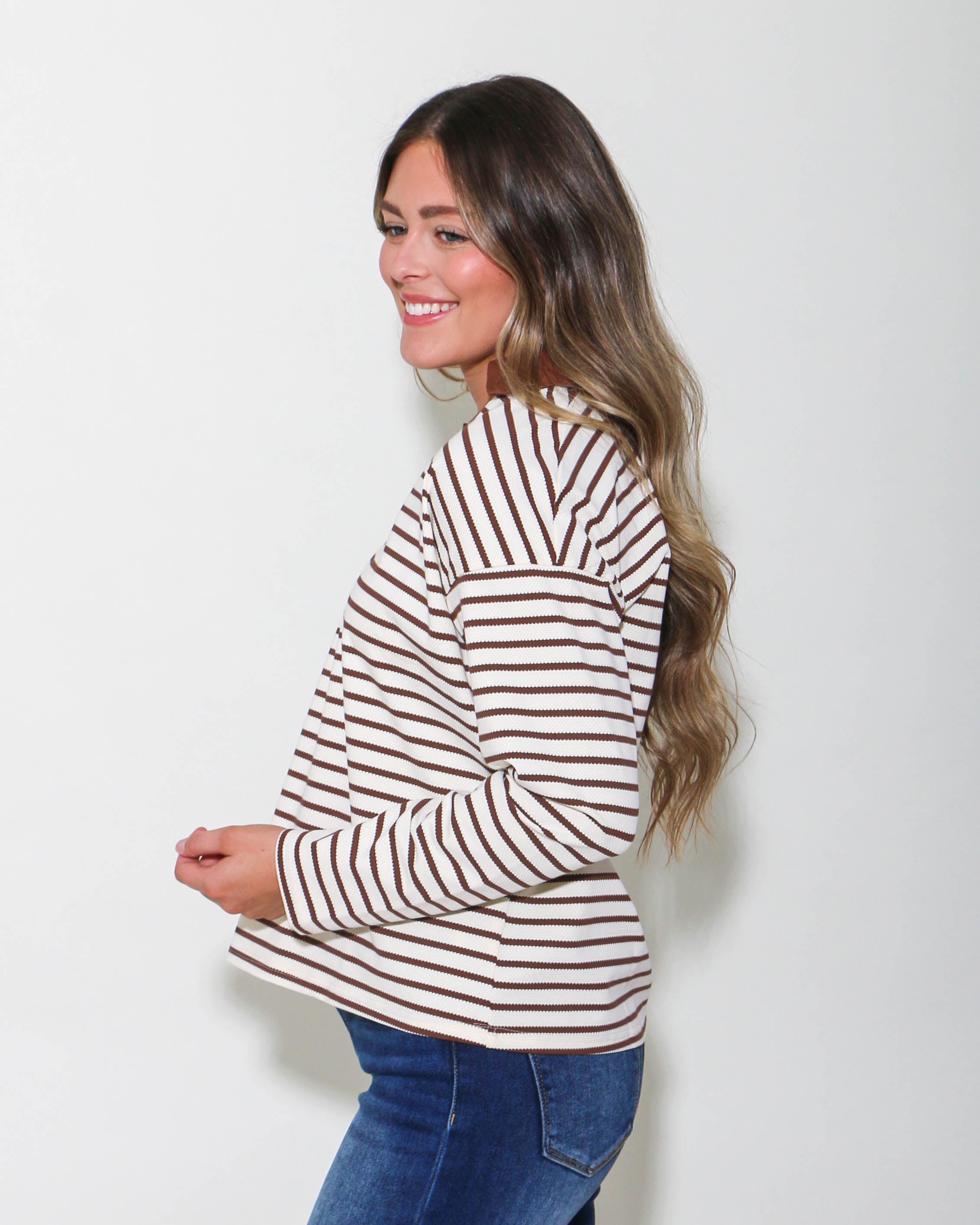 Striped Open Collared Neck Top in Chocolate