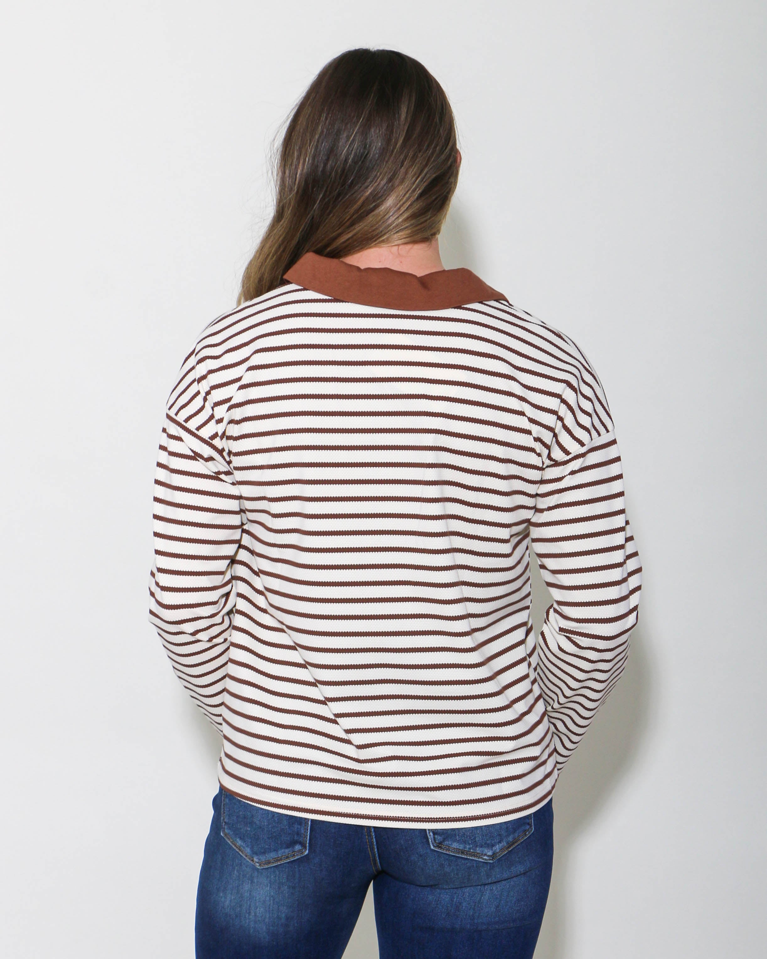 Striped Open Collared Neck Top in Chocolate