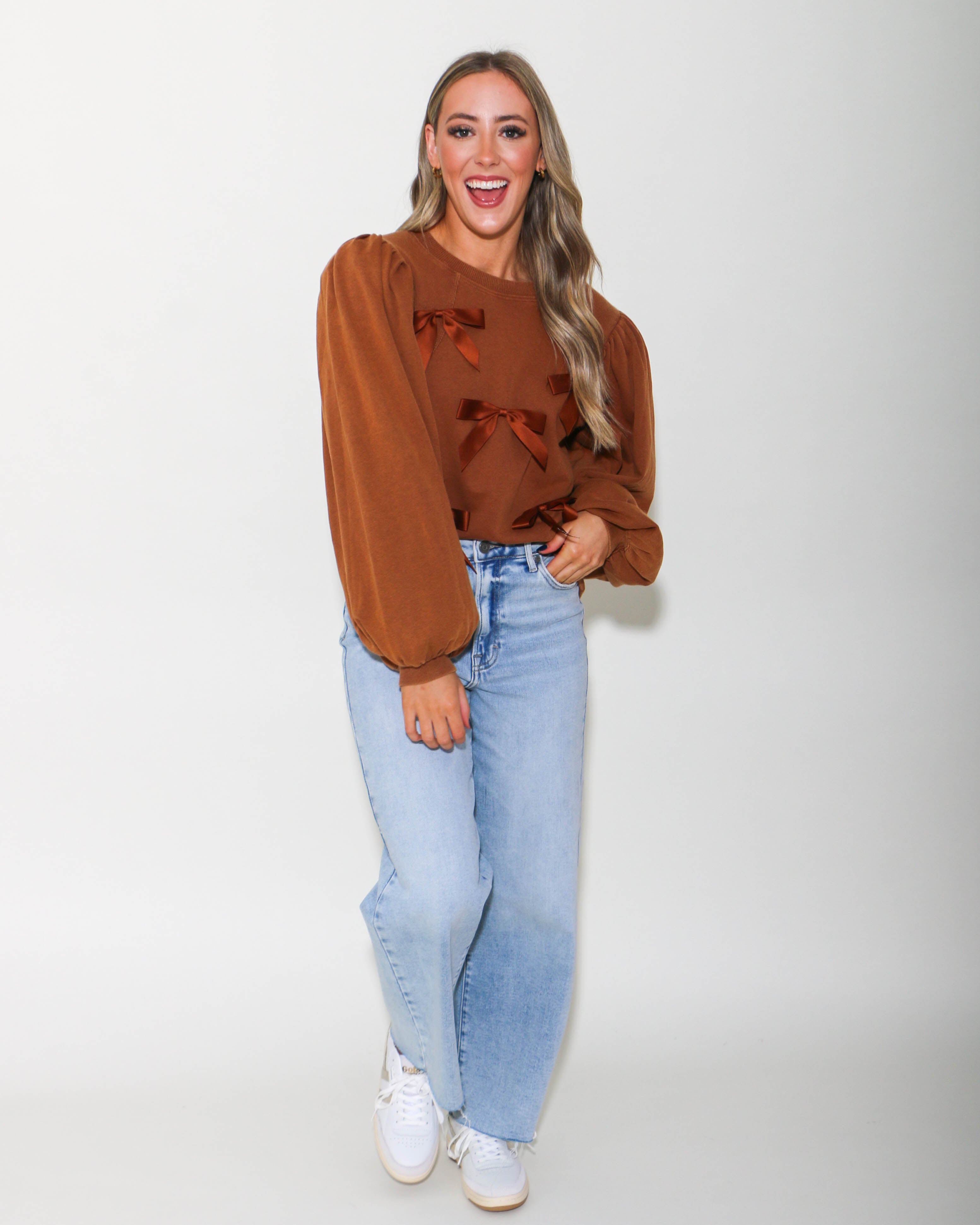 Bow Ties Patch Sweatshirt Top in Toffee