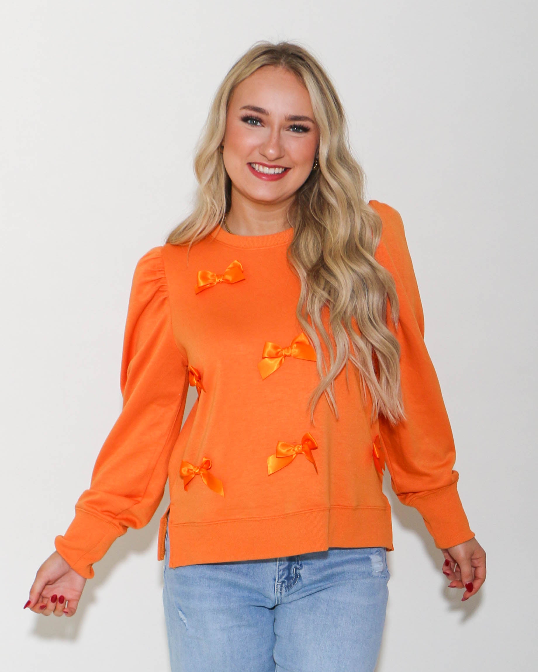 Solid Bow Ties Patch Sweatshirt Top in Orange