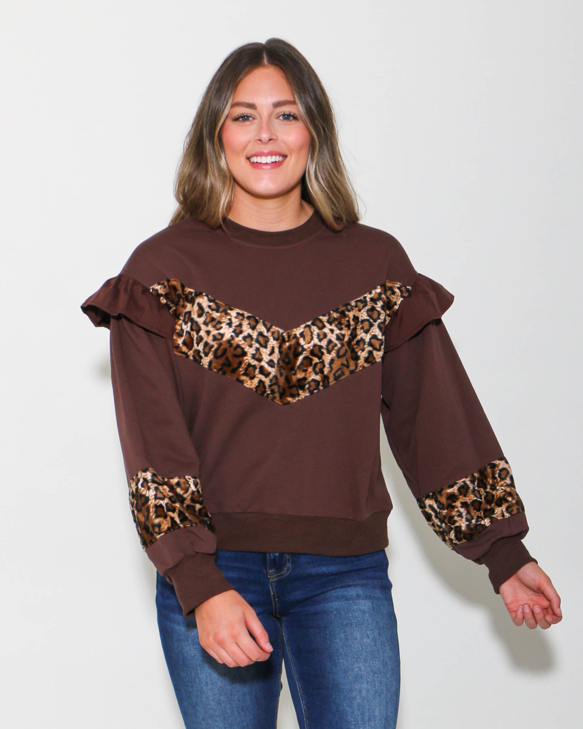 Cheetah Print Long Sleeve Ruffle Detail Top