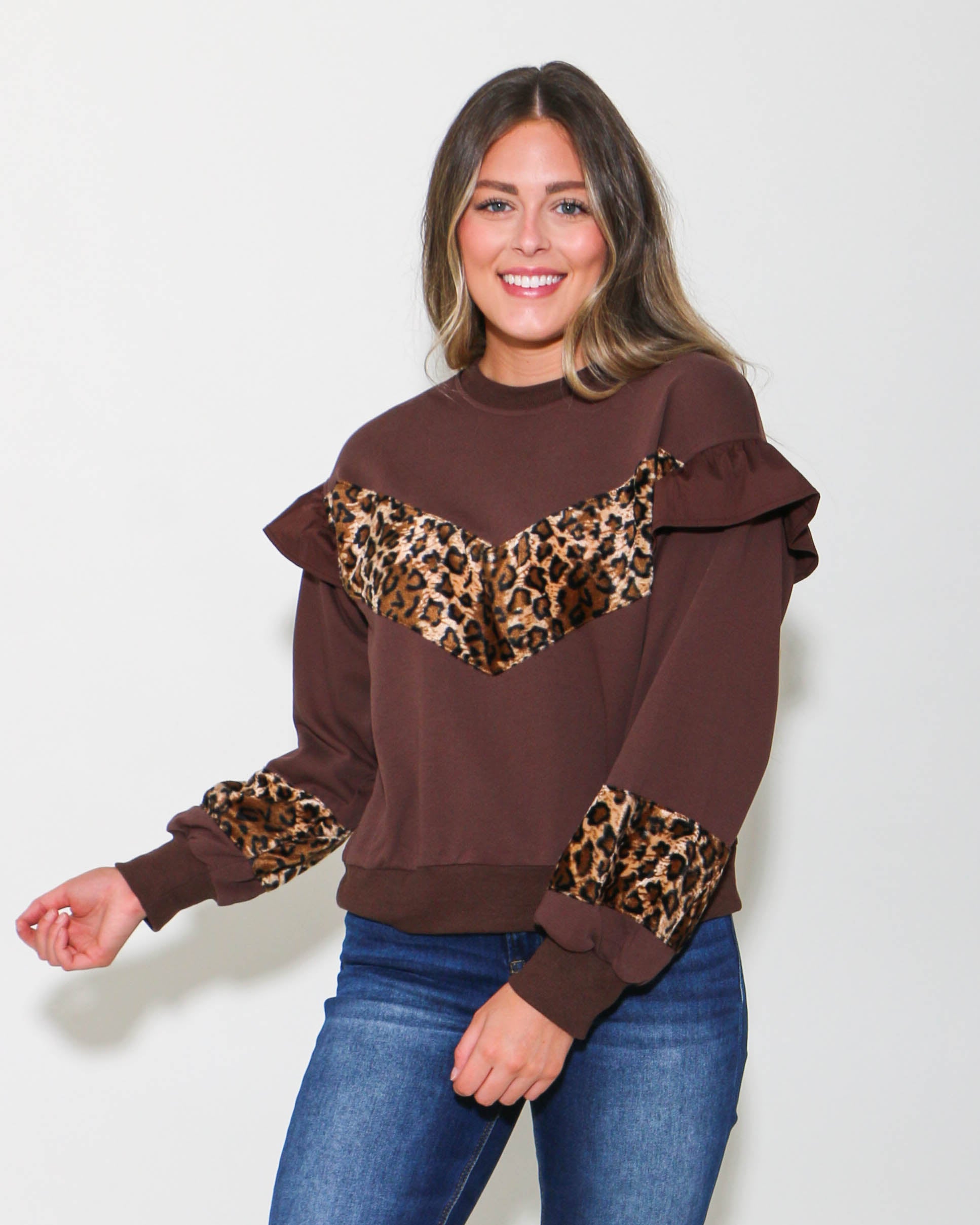 Cheetah Print Long Sleeve Ruffle Detail Top