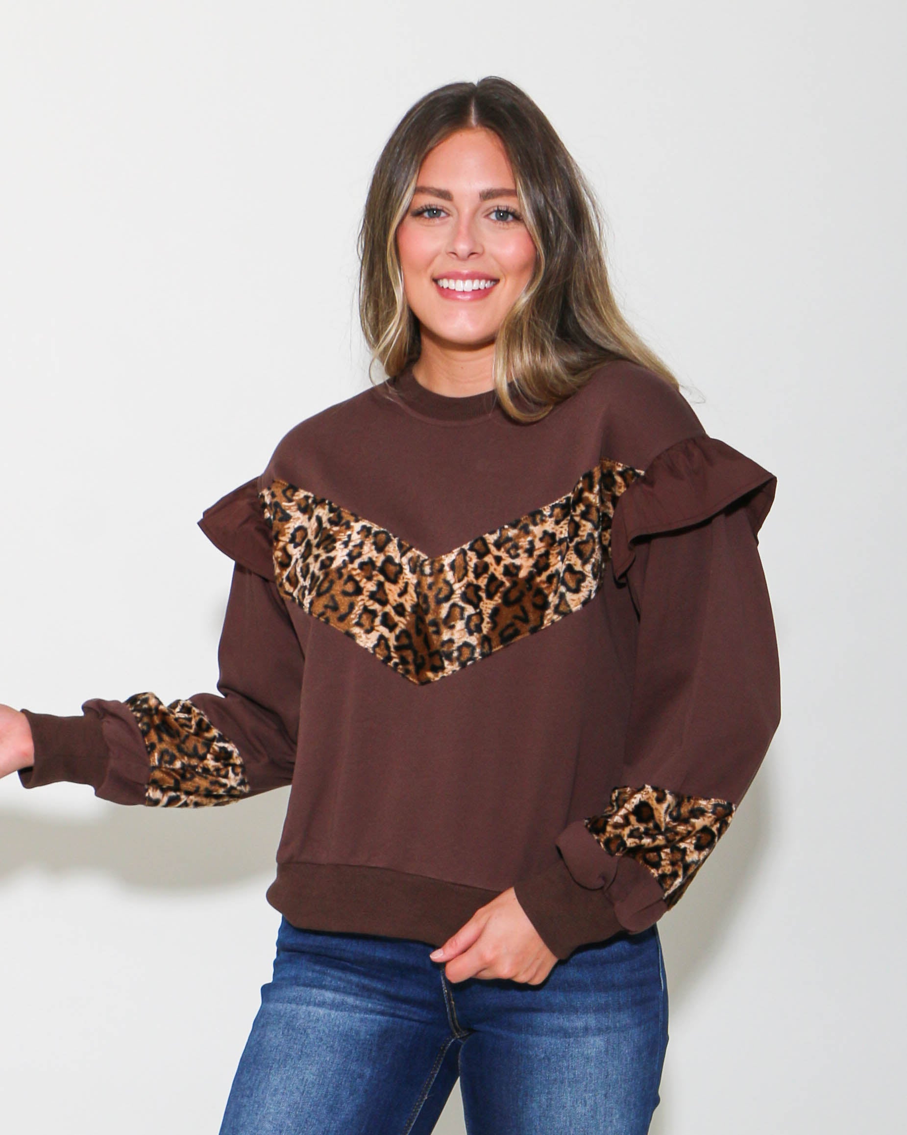 Cheetah Print Long Sleeve Ruffle Detail Top