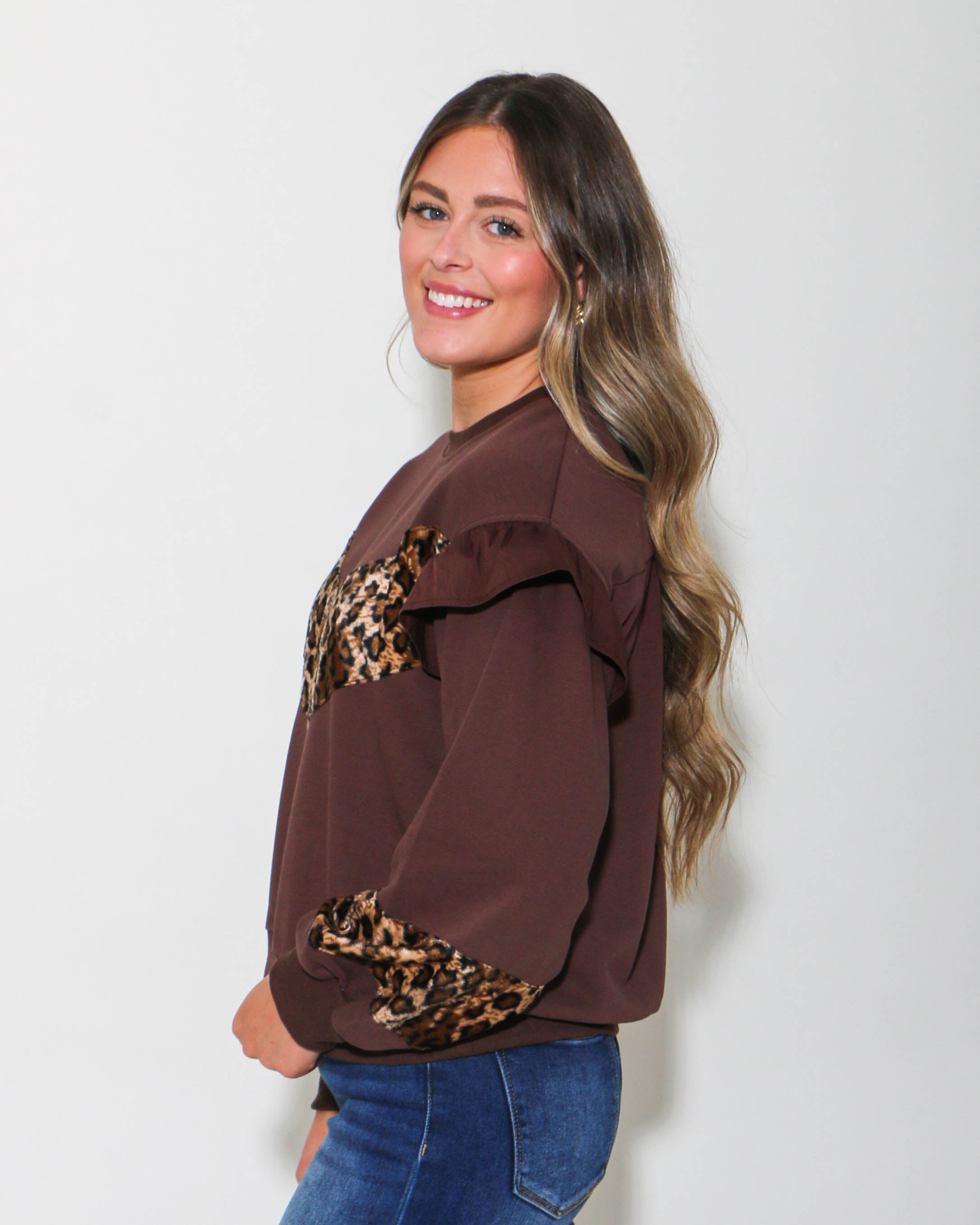 Cheetah Print Long Sleeve Ruffle Detail Top