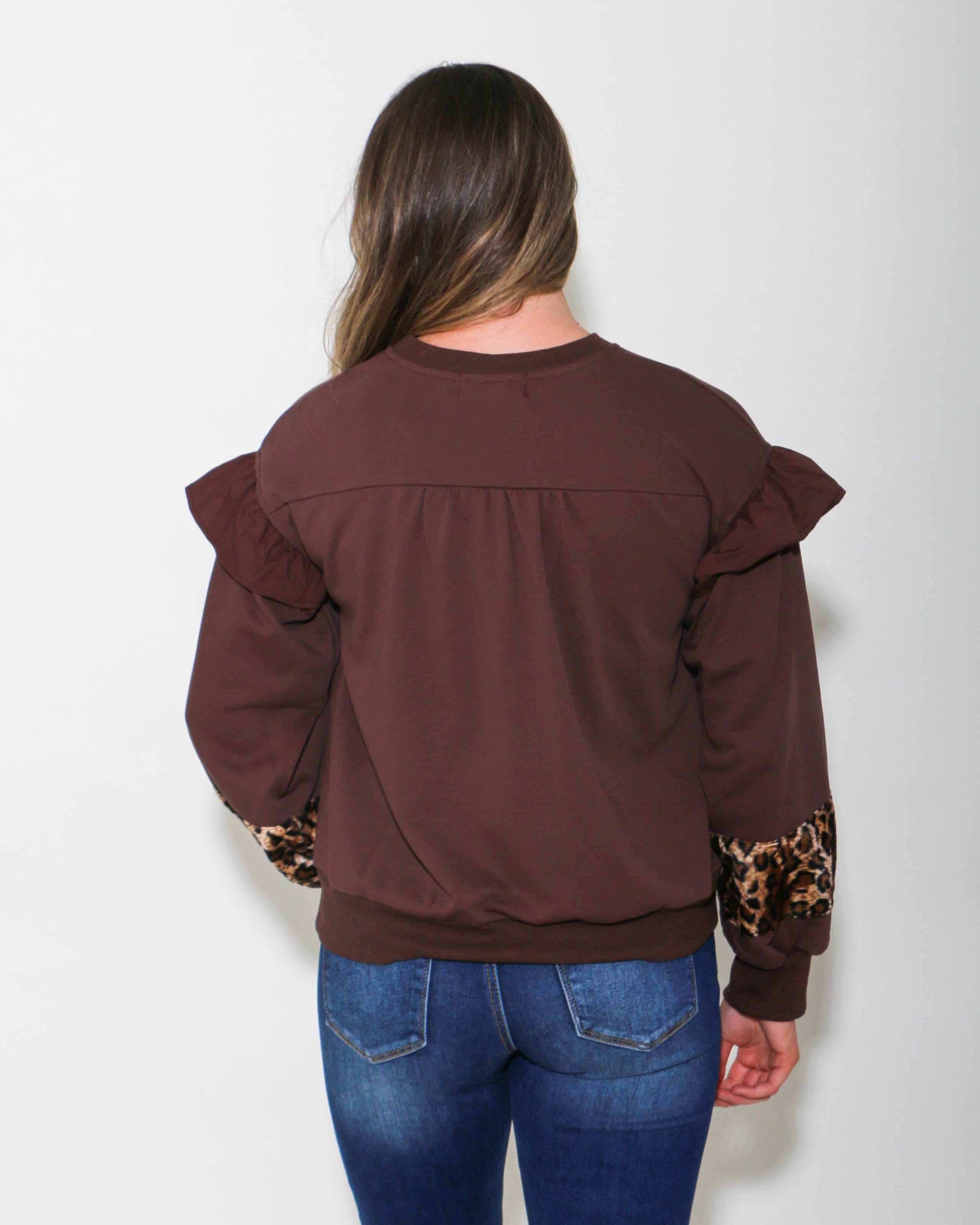 Cheetah Print Long Sleeve Ruffle Detail Top