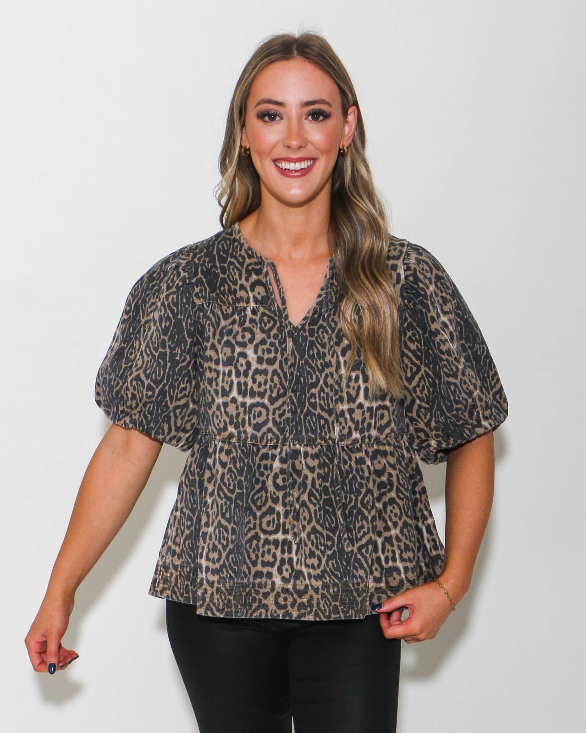 Leopard Puff Sleeve Babydoll Top