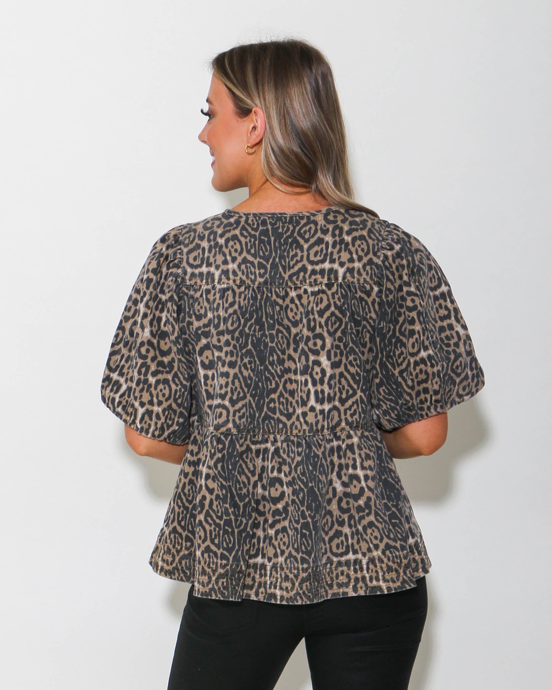 Leopard Puff Sleeve Babydoll Top