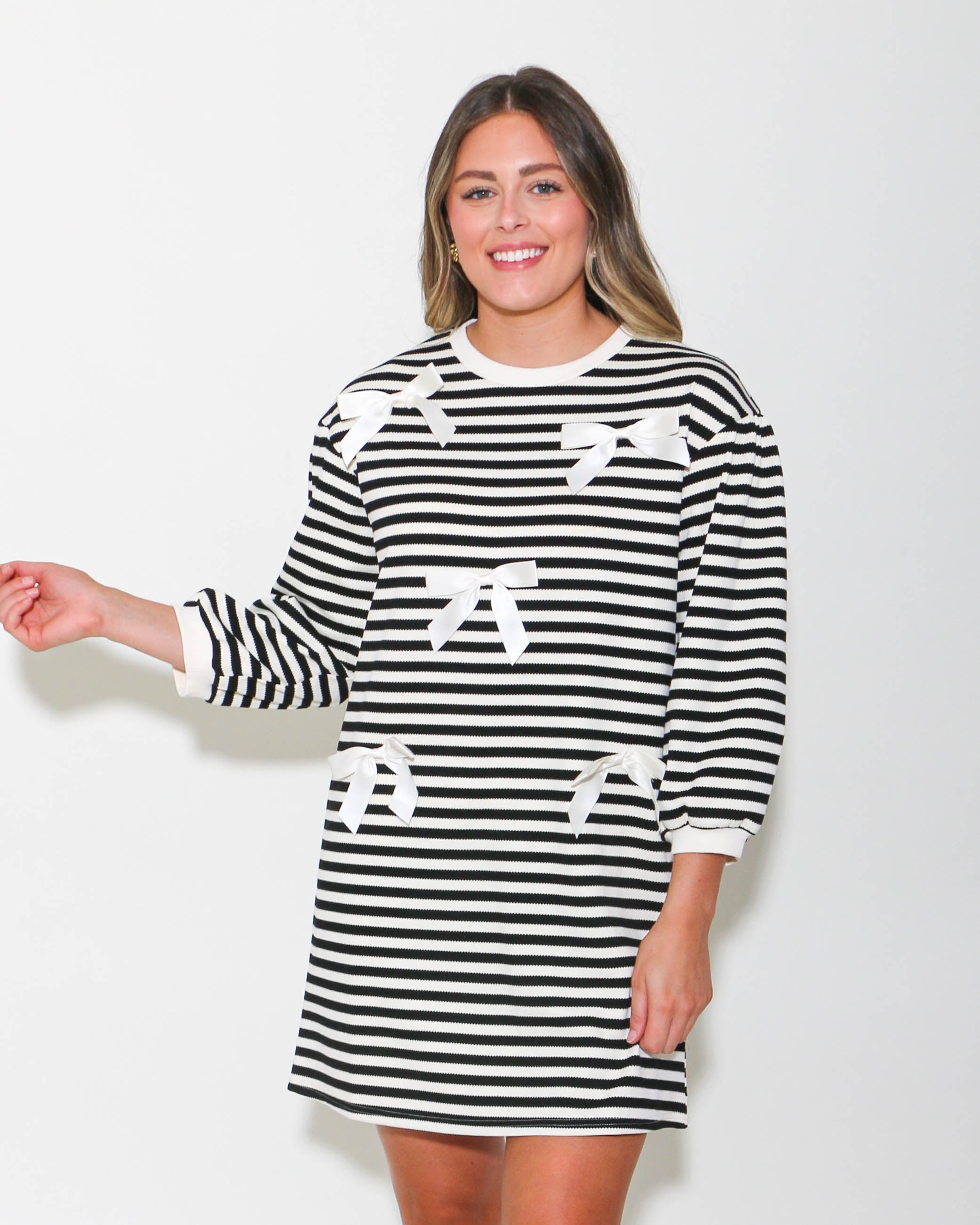 Striped 3/4 Sleeves Dress with Bow Ties in Black