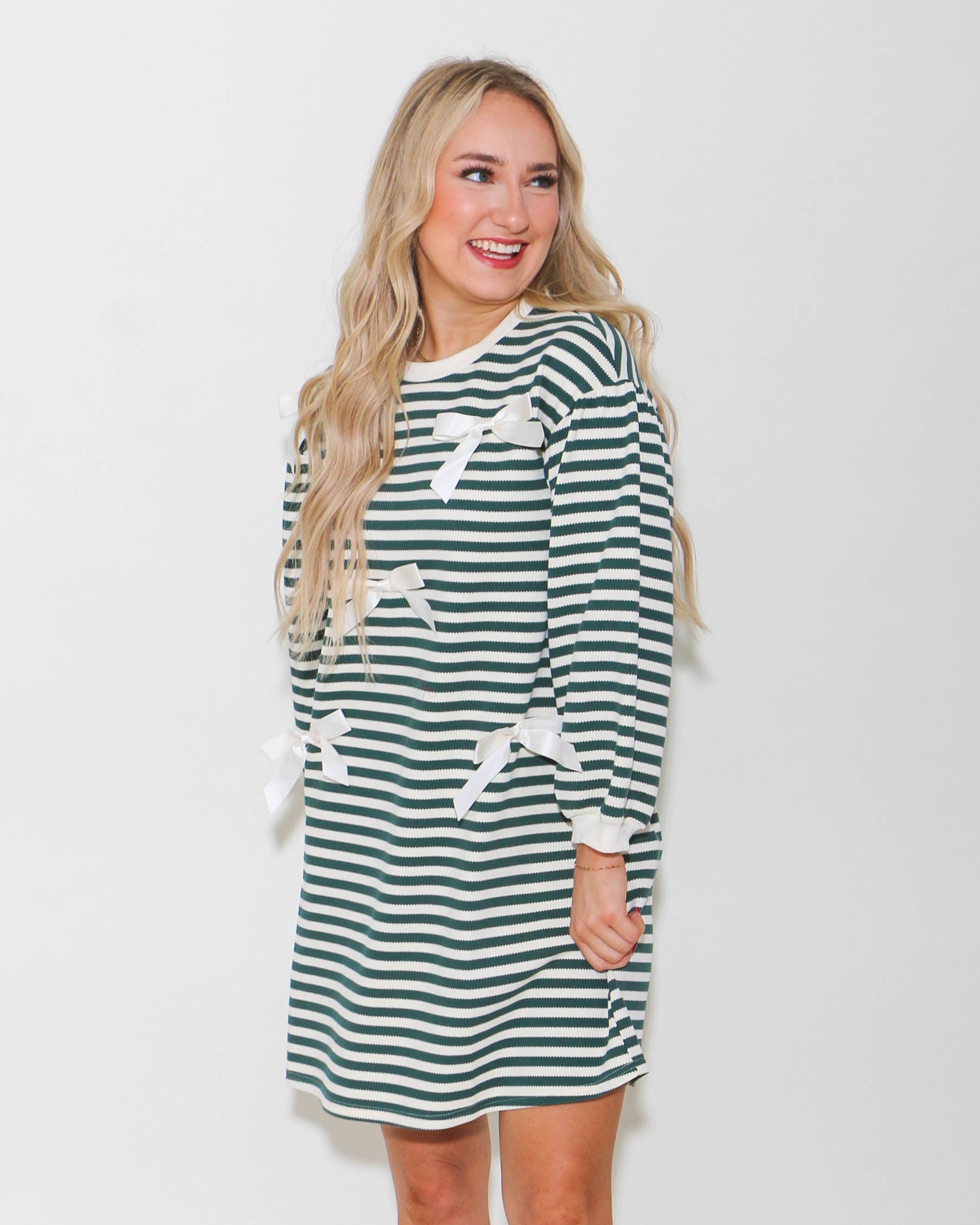 Striped 3/4 Sleeves Dress with Bow Ties in Green