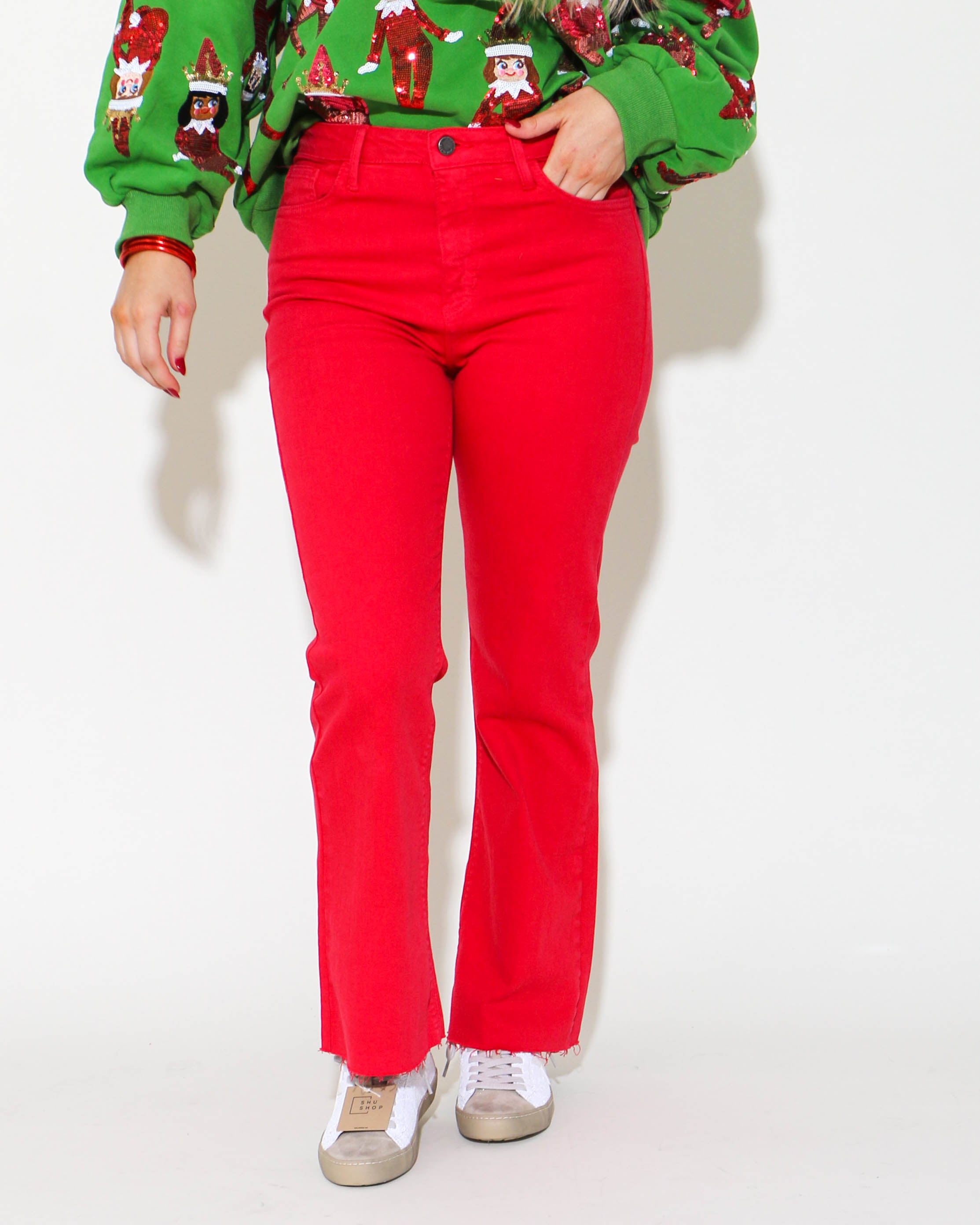 Red Cropped Demi Flare Jeans