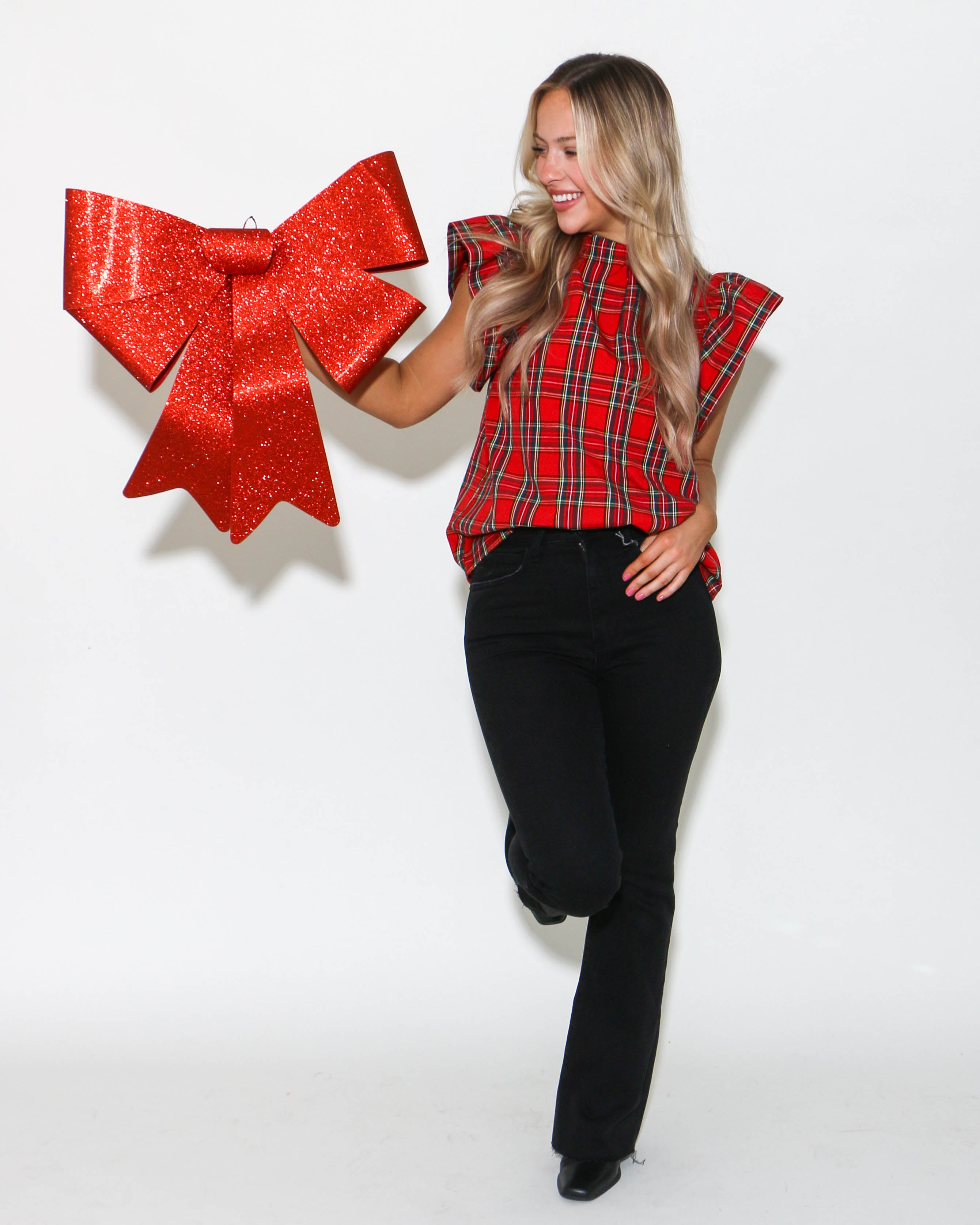 Red Plaid Print Ruffled Sleeve Top