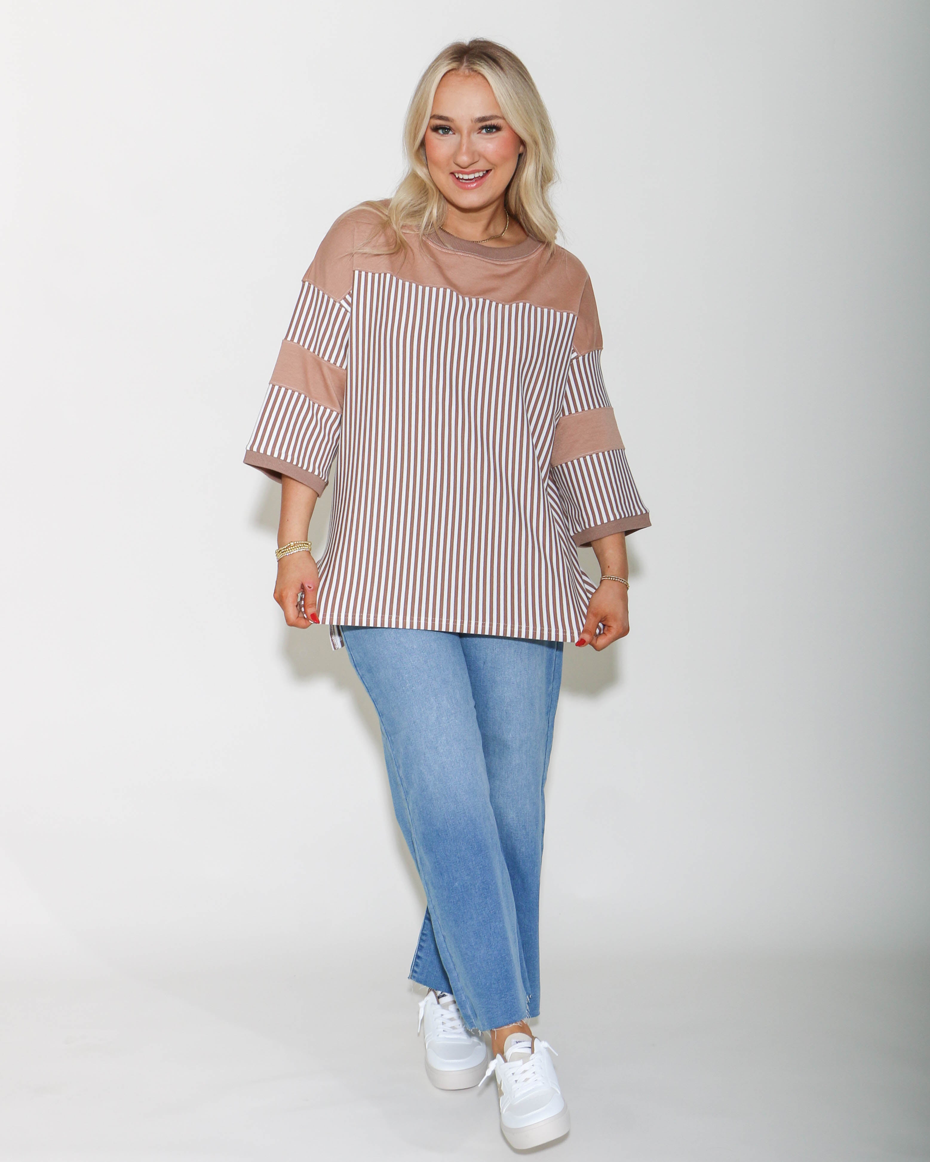 Tan Stripe 3/4 Sleeve Top