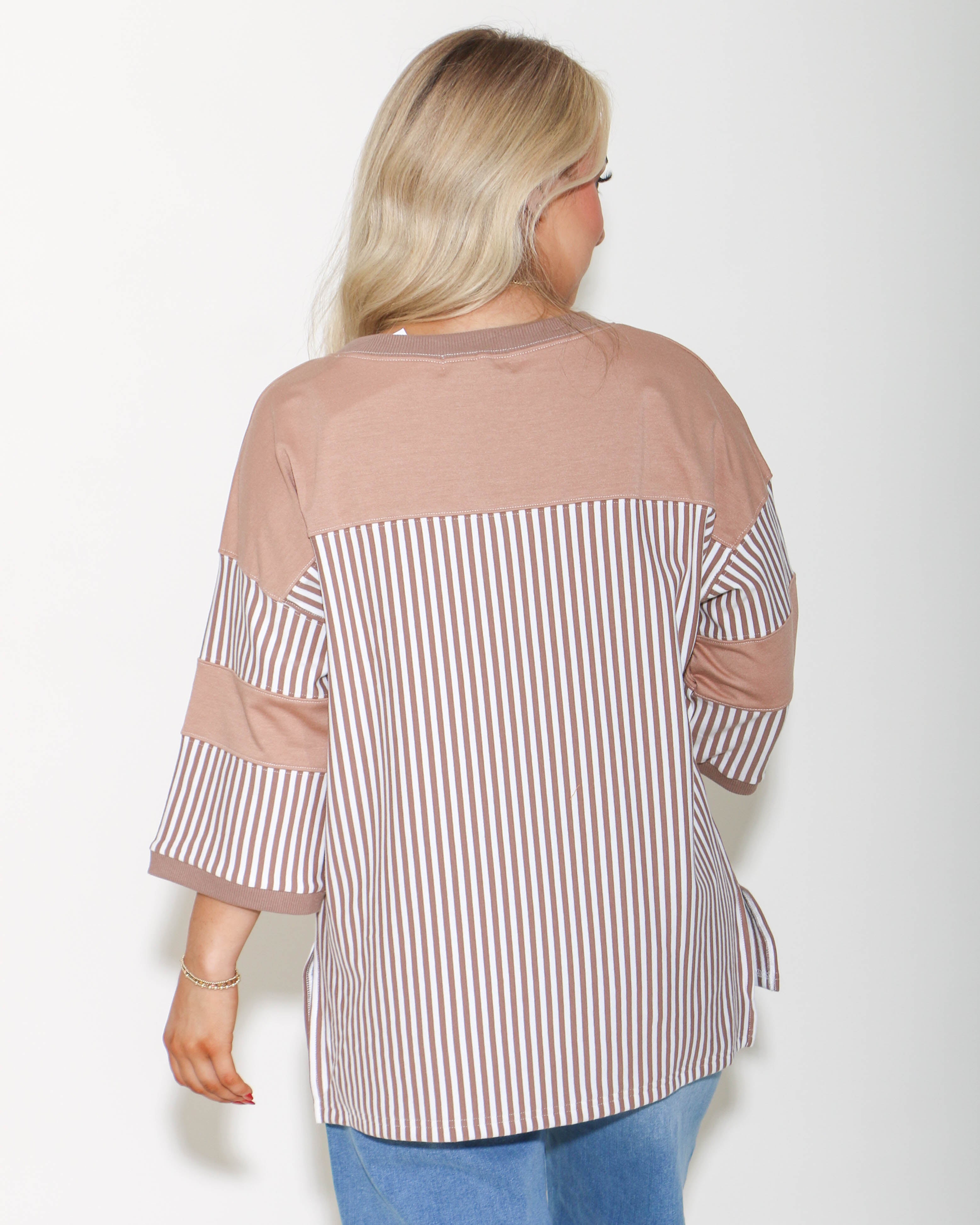 Tan Stripe 3/4 Sleeve Top