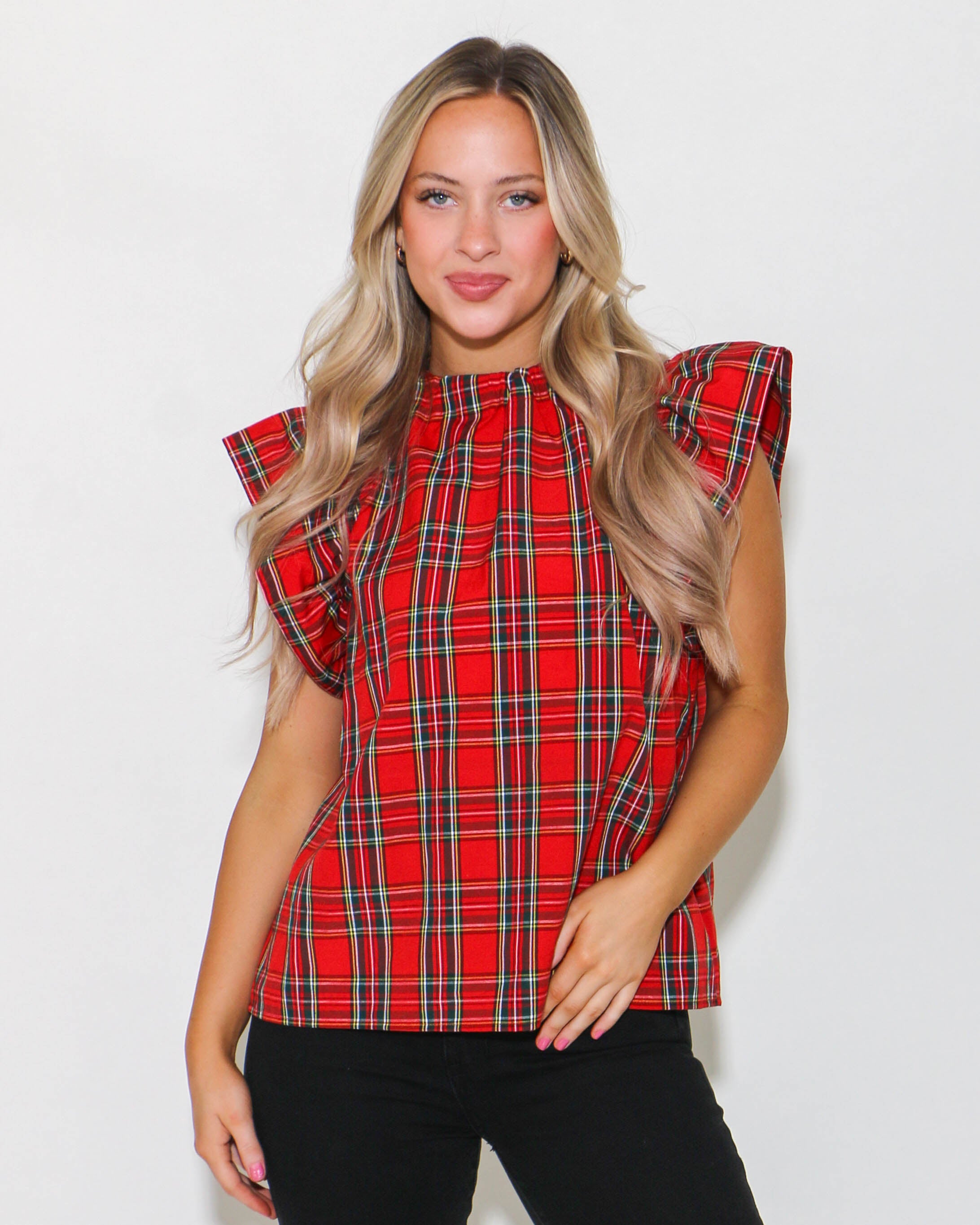 Red Plaid Print Ruffled Sleeve Top