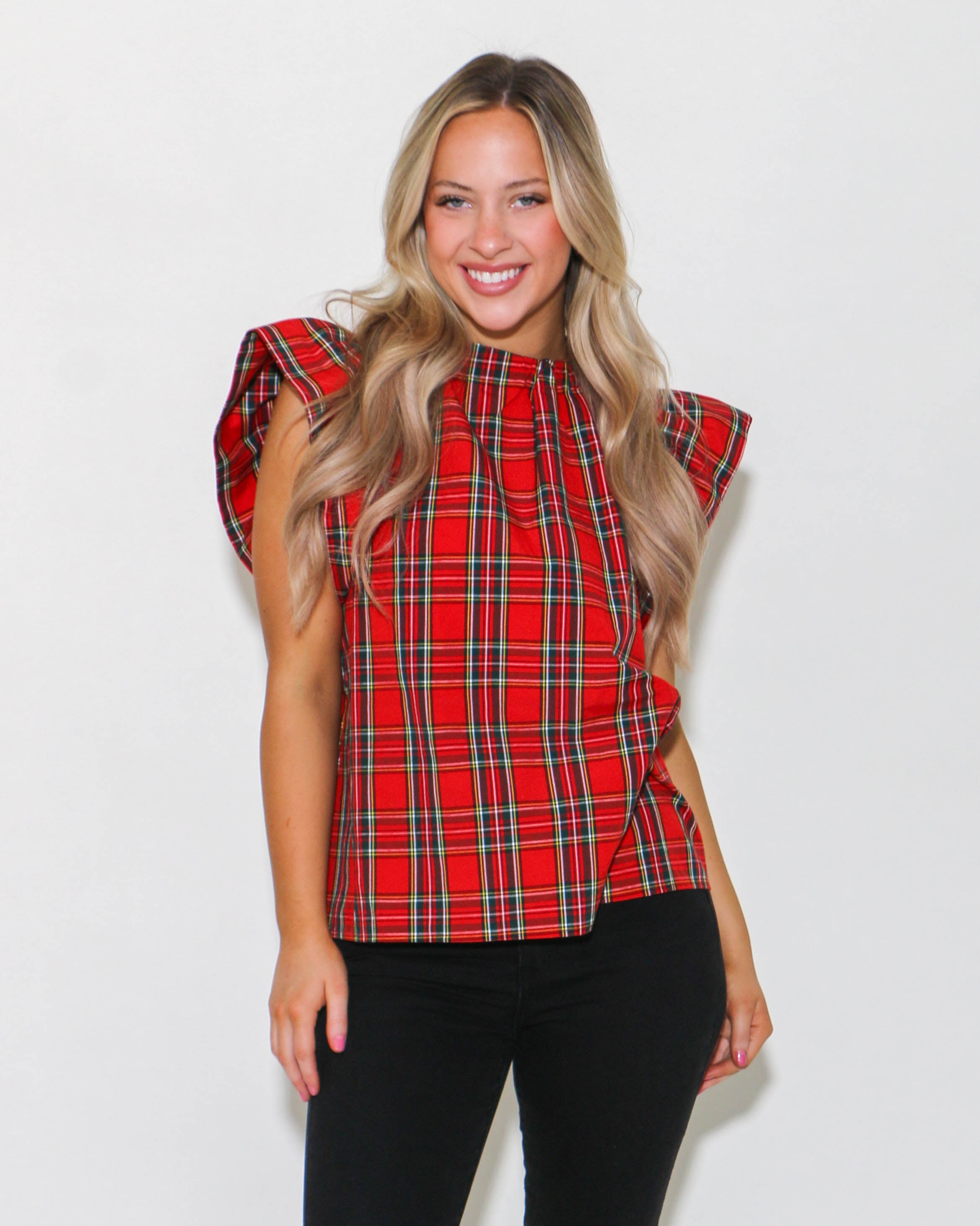 Red Plaid Print Ruffled Sleeve Top