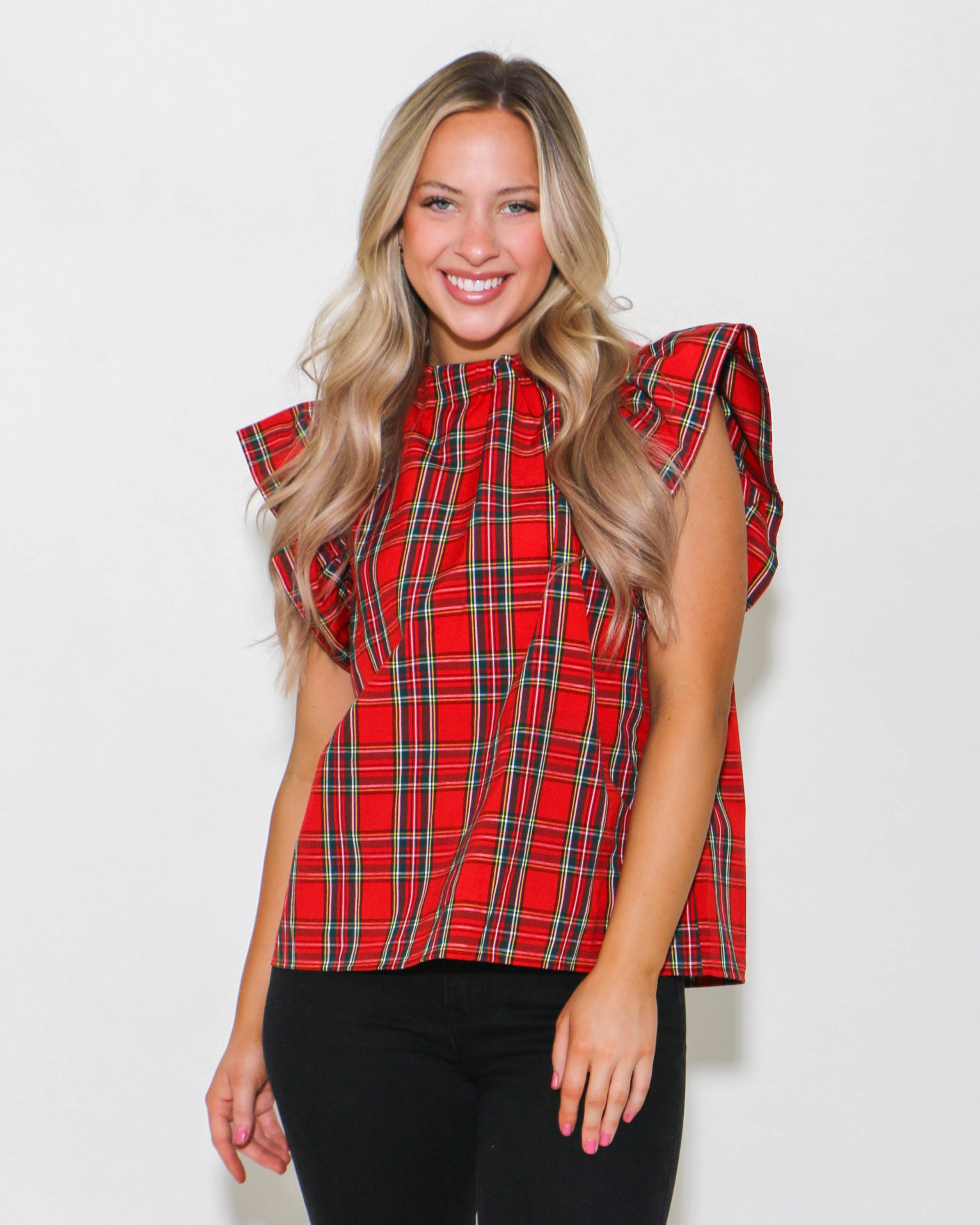 Red Plaid Print Ruffled Sleeve Top