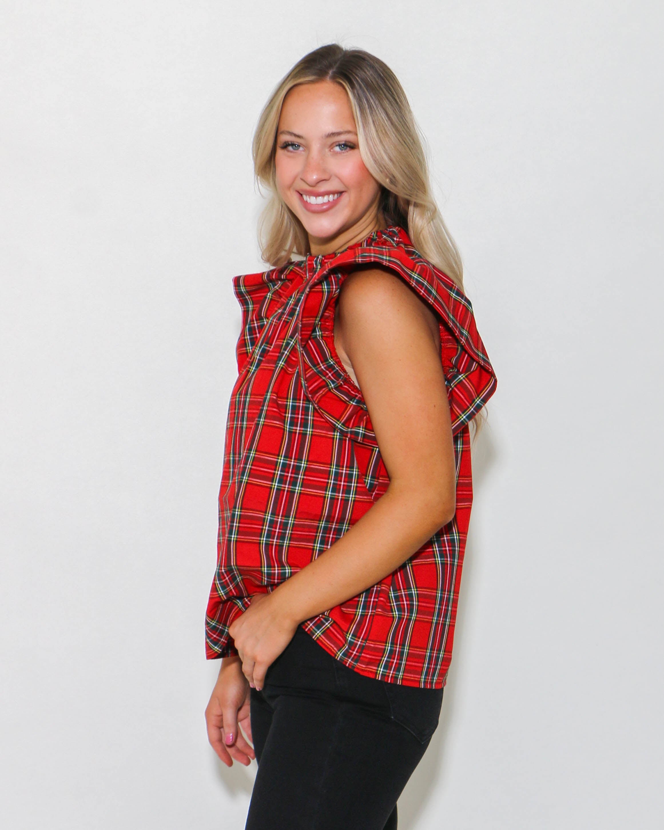 Red Plaid Print Ruffled Sleeve Top