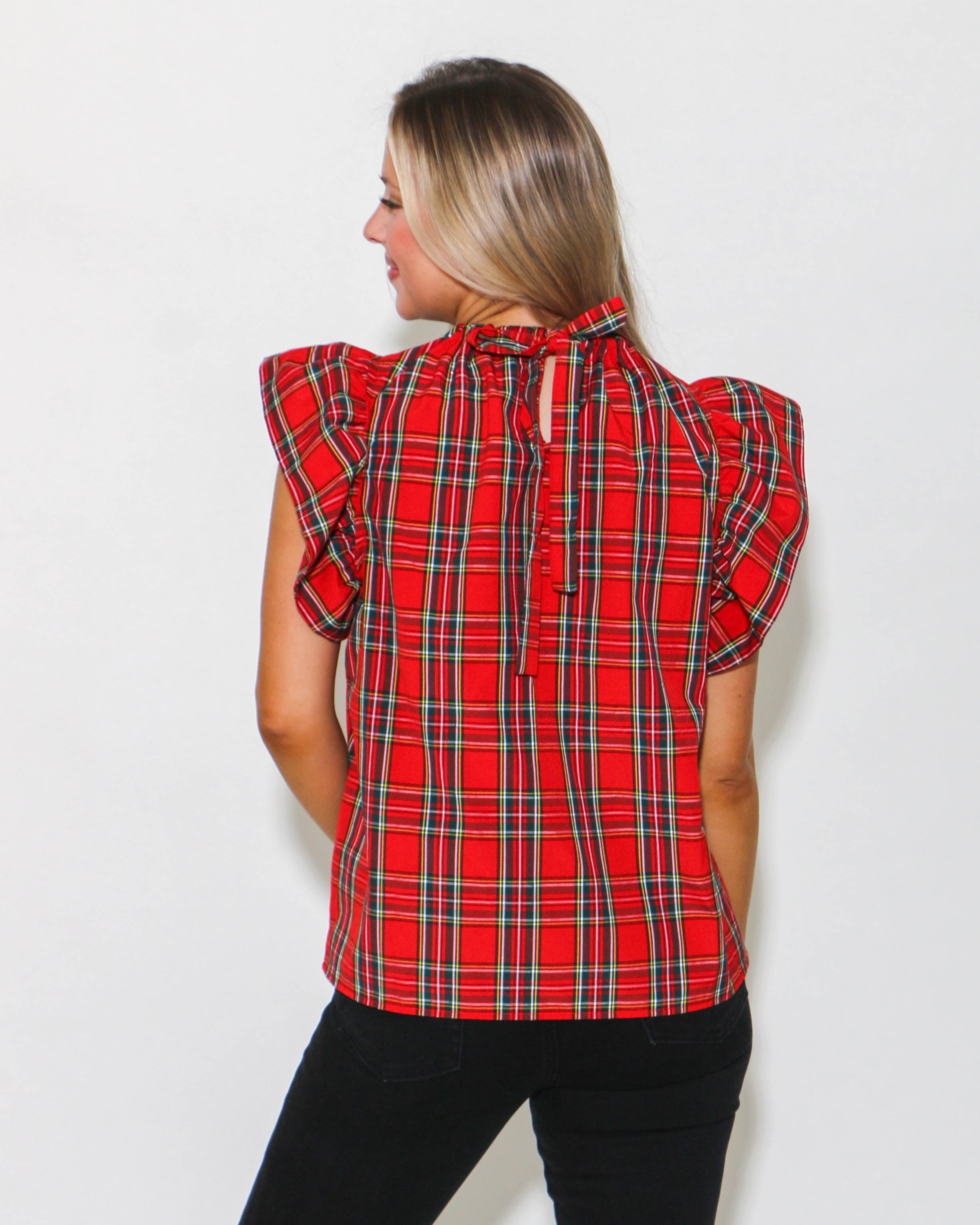 Red Plaid Print Ruffled Sleeve Top