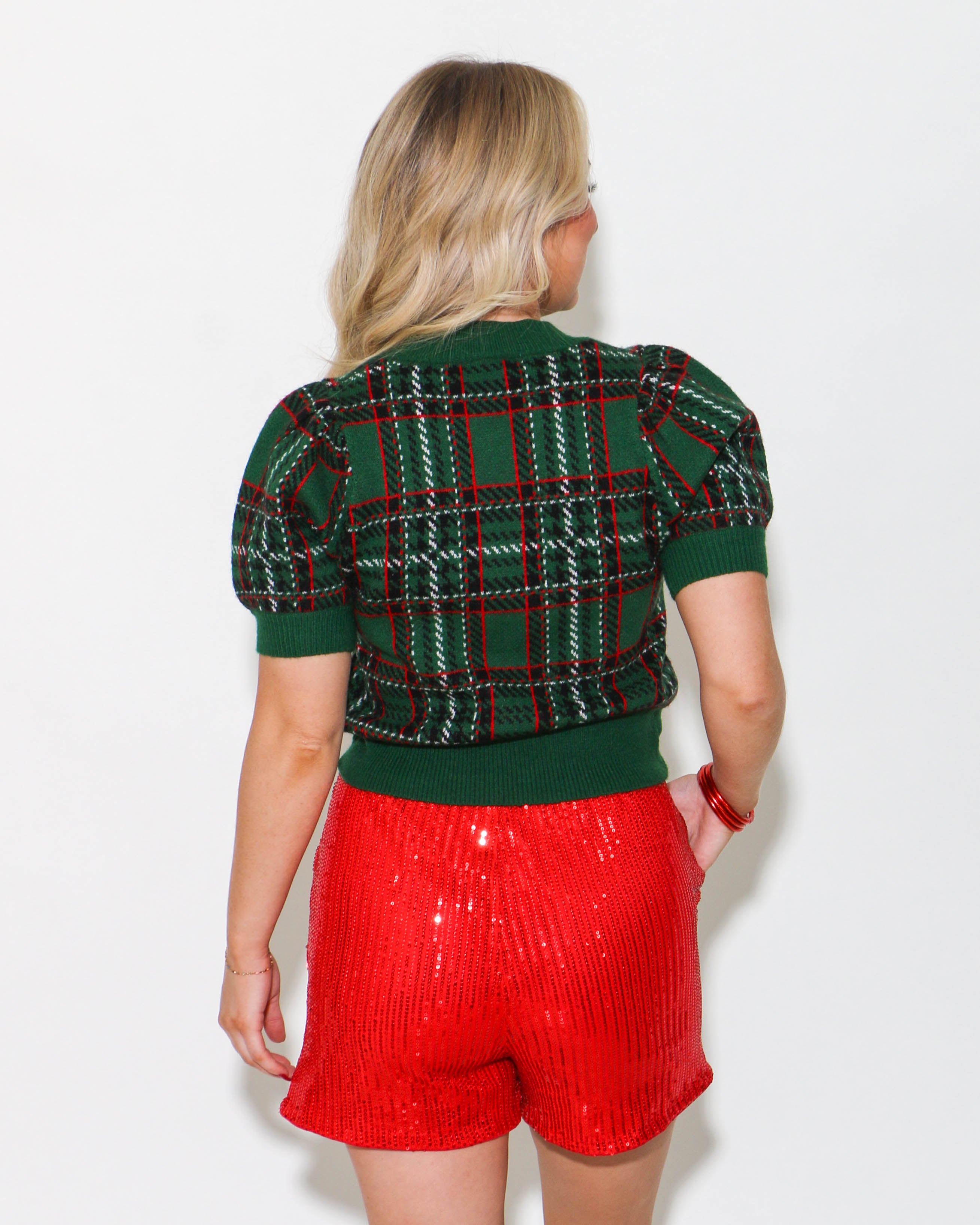 Plaid Print Puff Sleeve Top in Pine