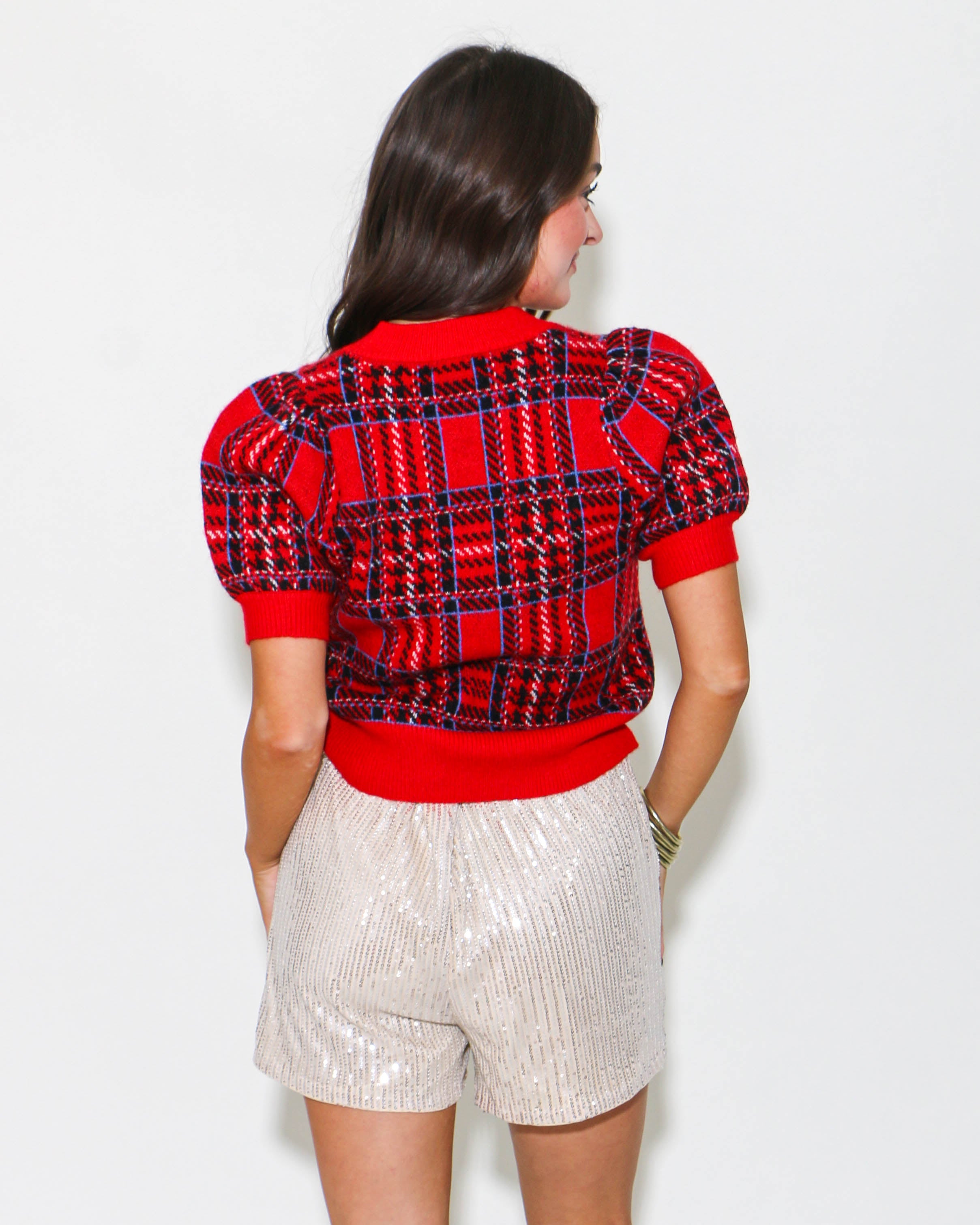 Plaid Print Puff Sleeve Top in Red