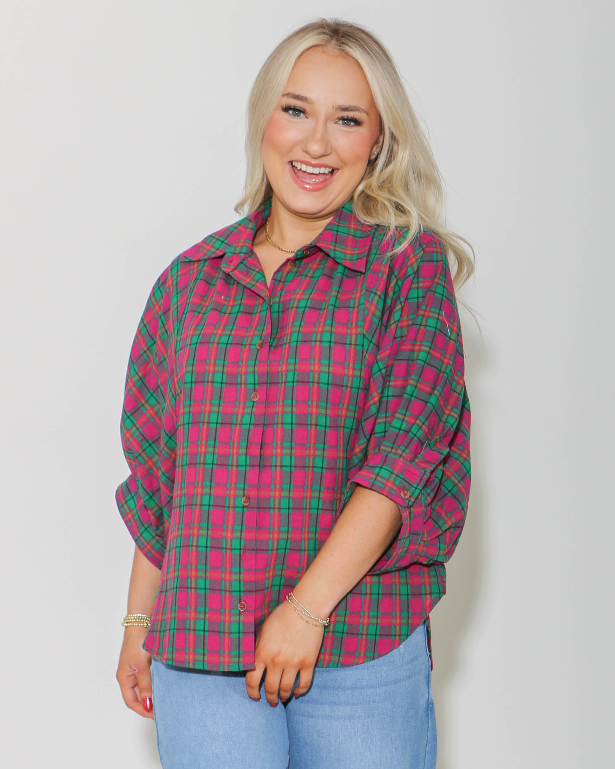 Oversized Plaid Button Down Top in Magenta