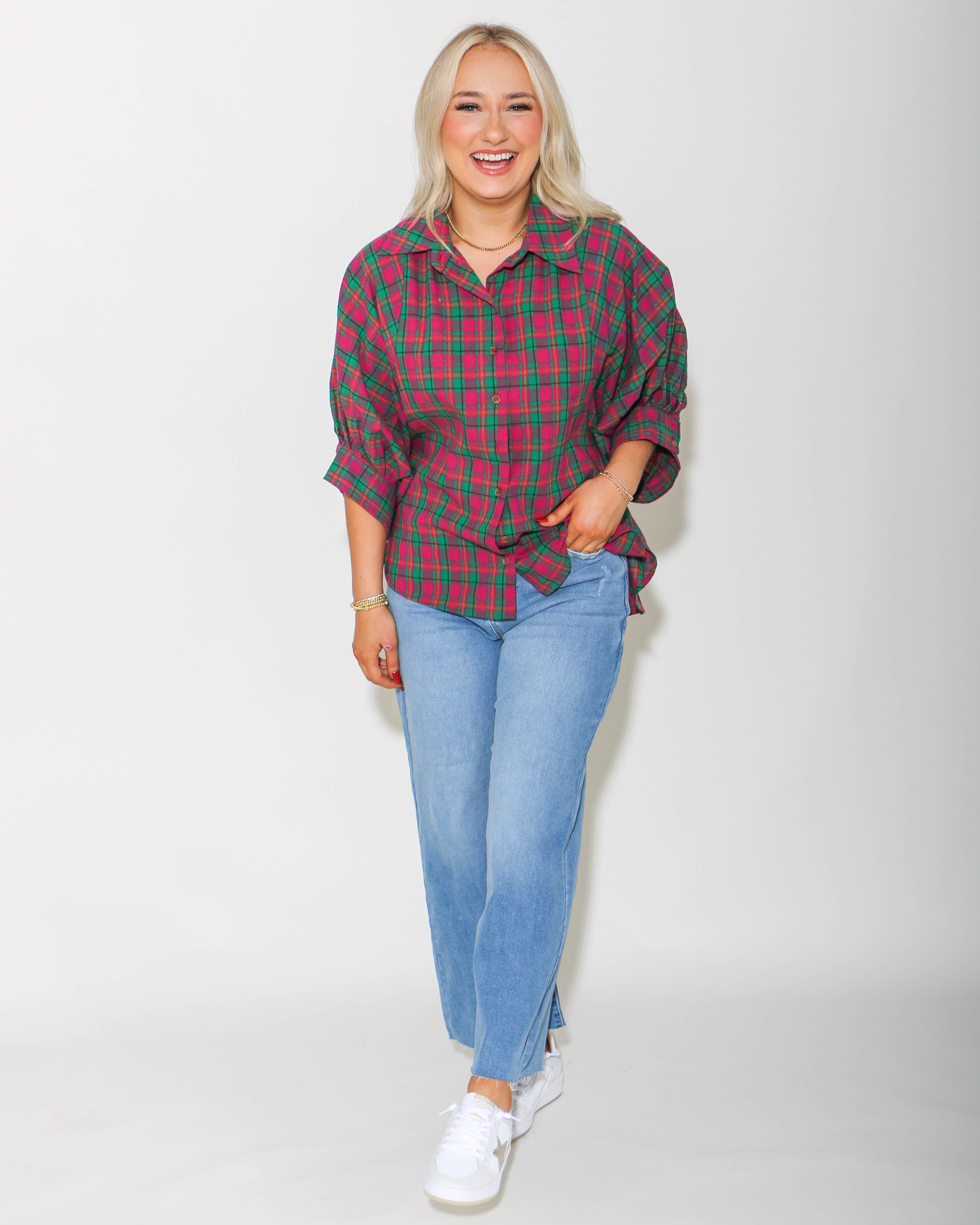 Oversized Plaid Button Down Top in Magenta