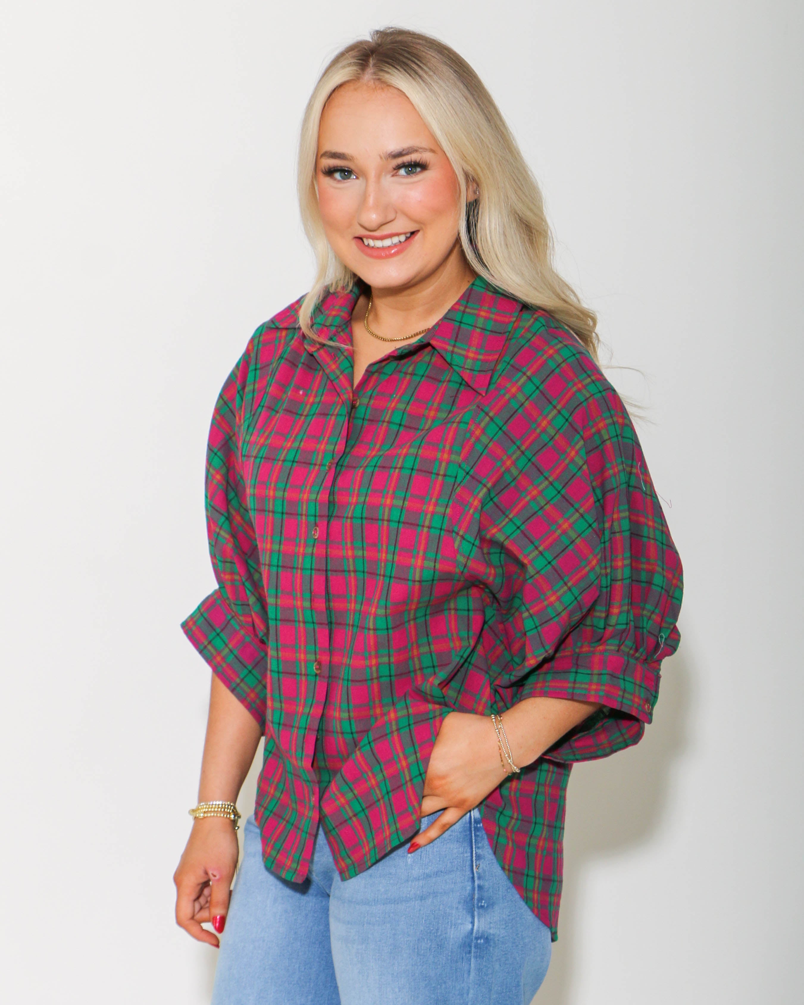 Oversized Plaid Button Down Top in Magenta