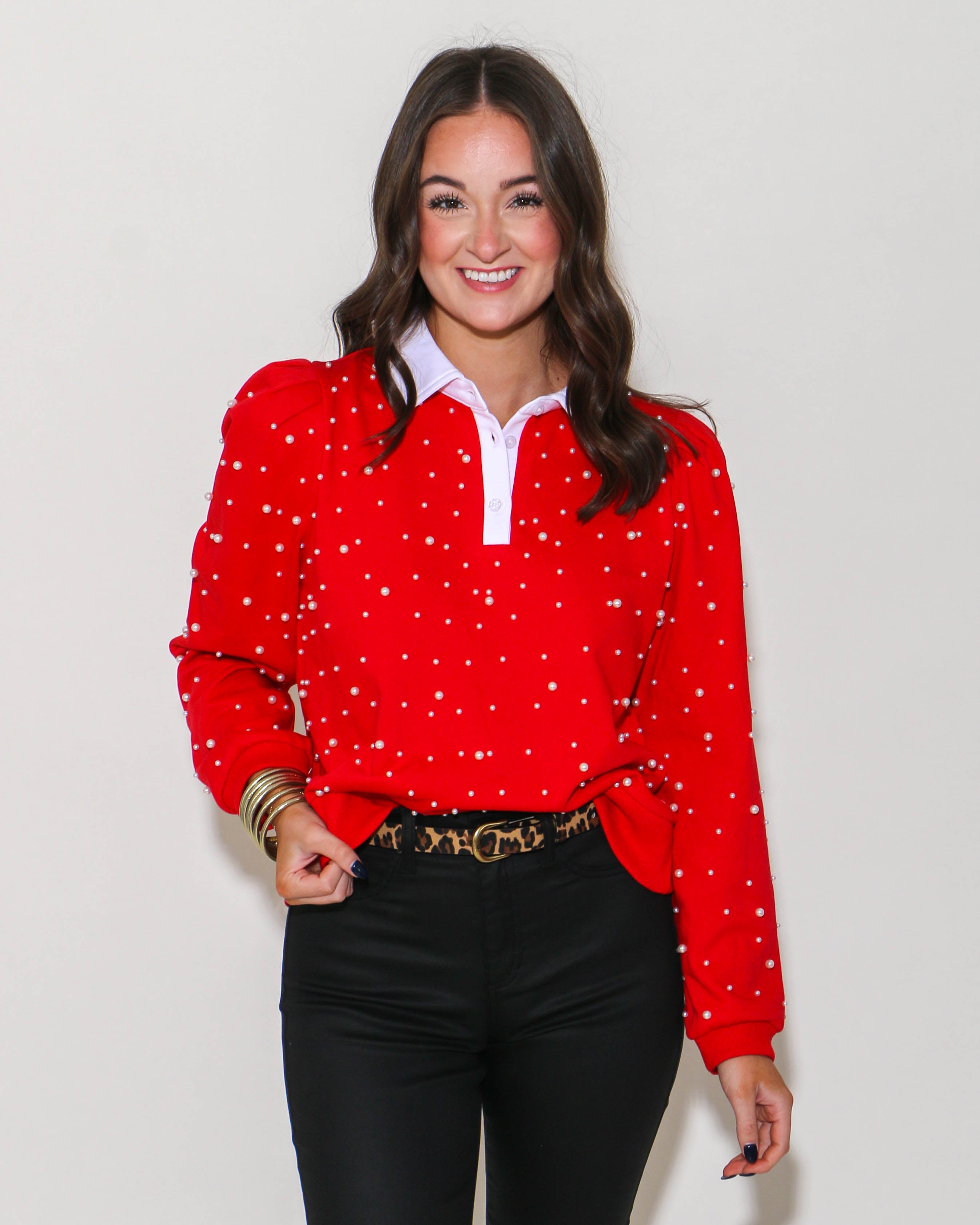 Pearl Collared Long Sleeve in Red