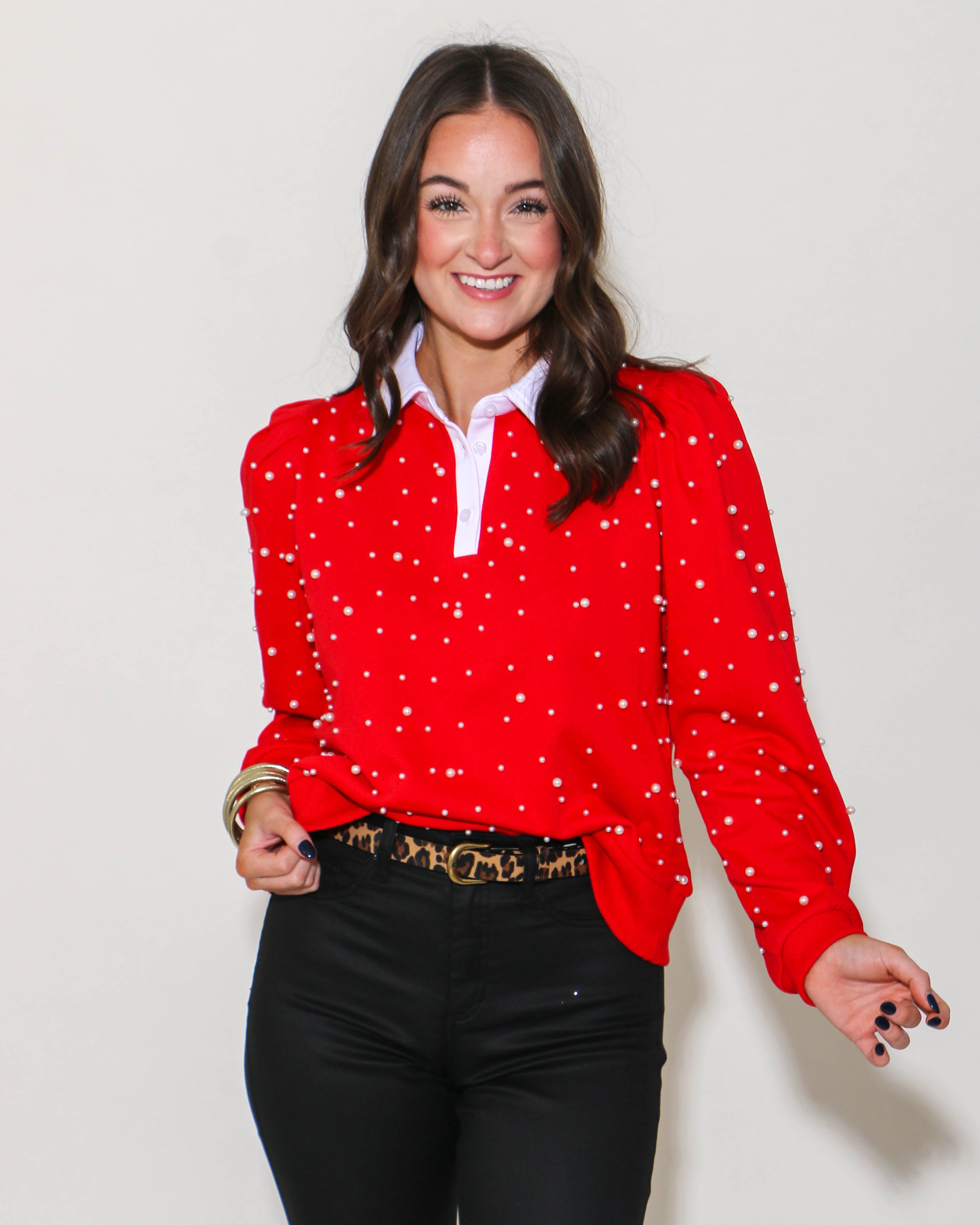 Pearl Collared Long Sleeve in Red