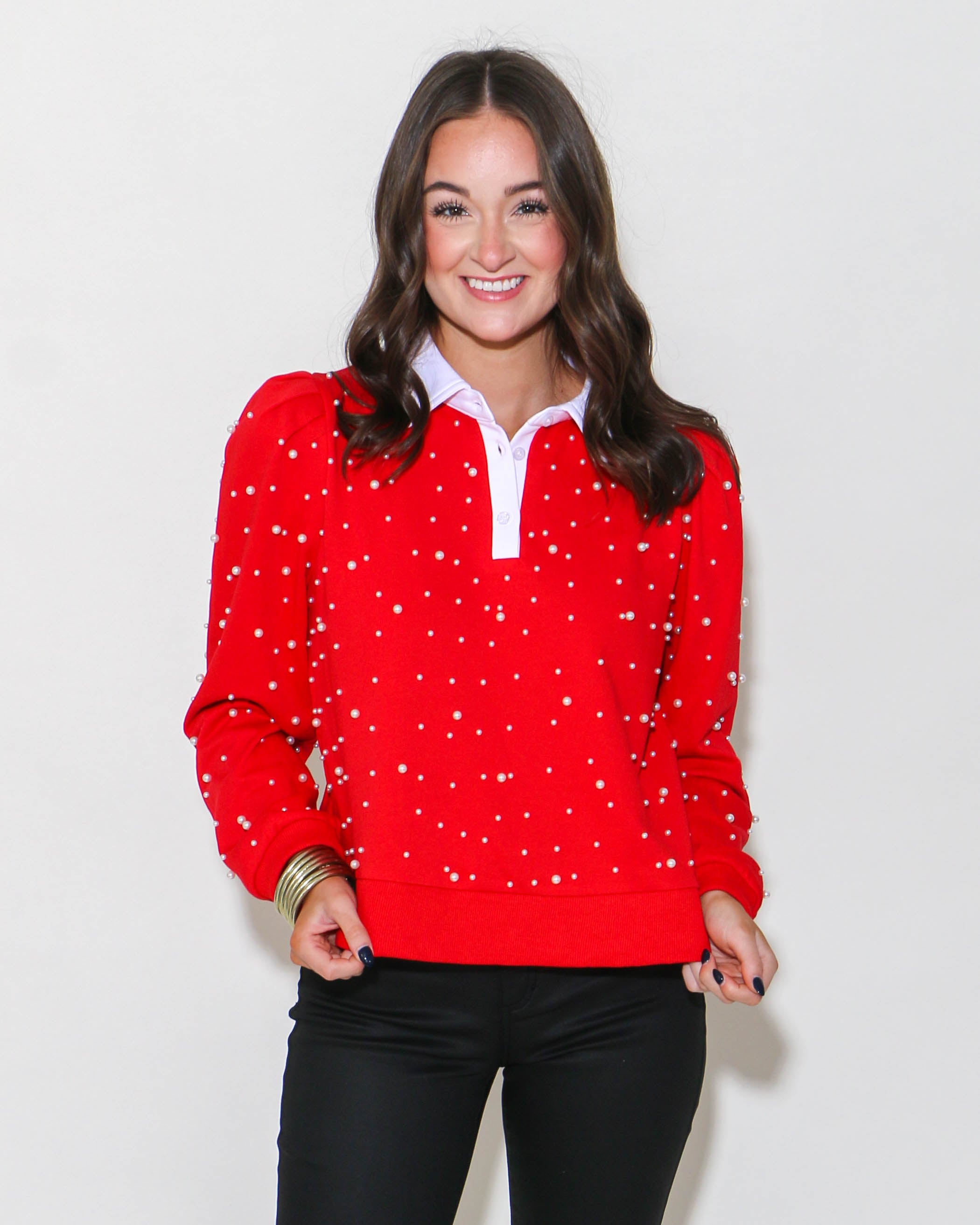 Pearl Collared Long Sleeve in Red