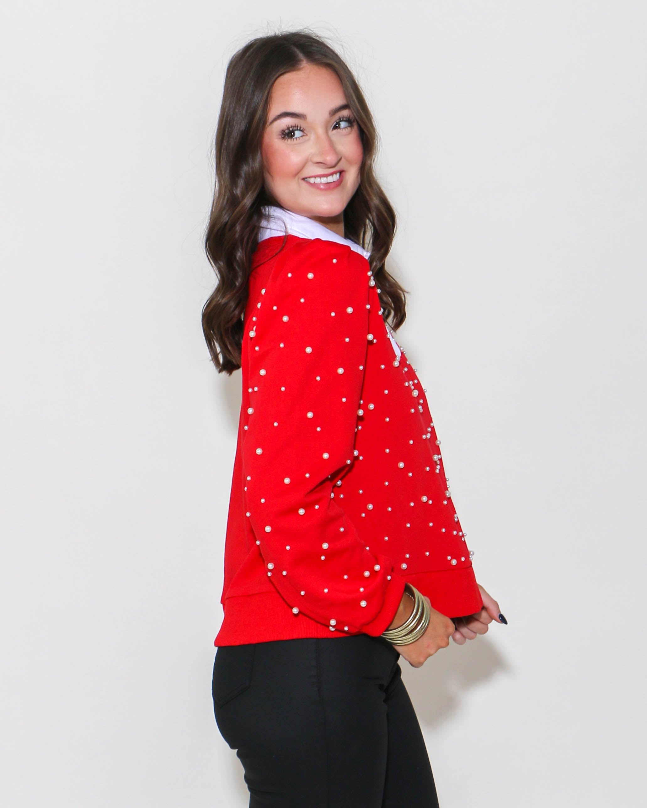 Pearl Collared Long Sleeve in Red