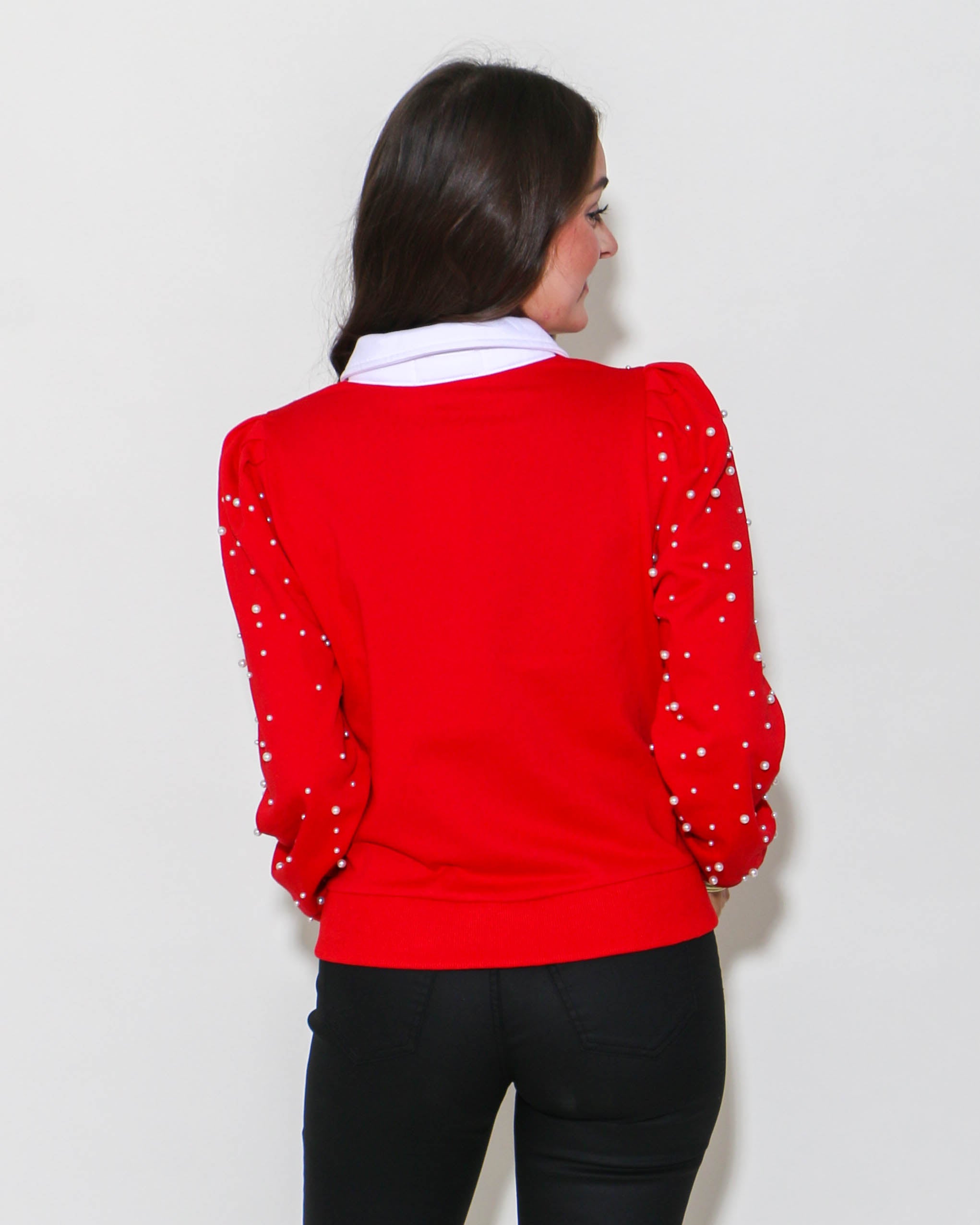 Pearl Collared Long Sleeve in Red