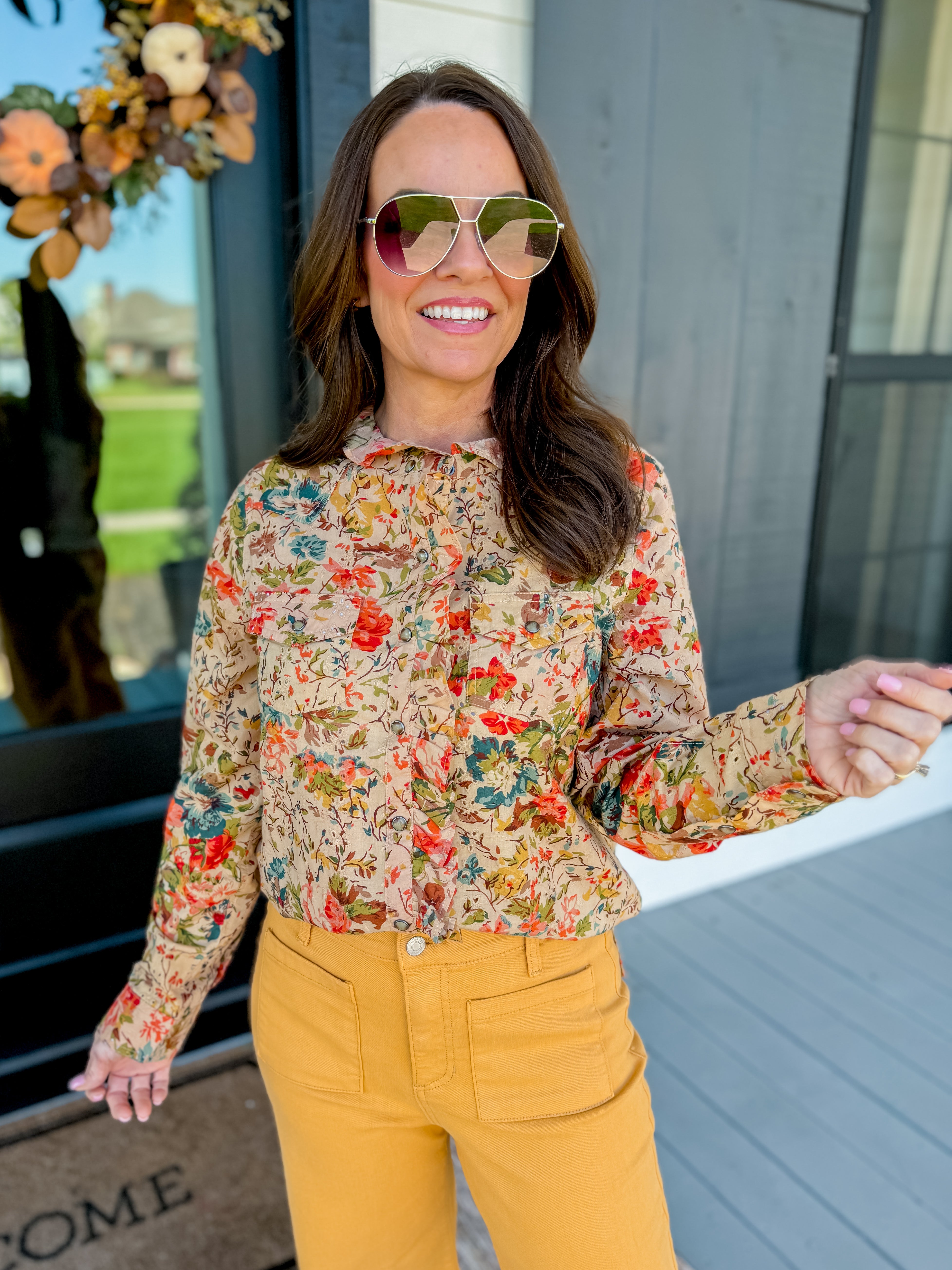 Eyelet Floral Snap Shirt in Tan