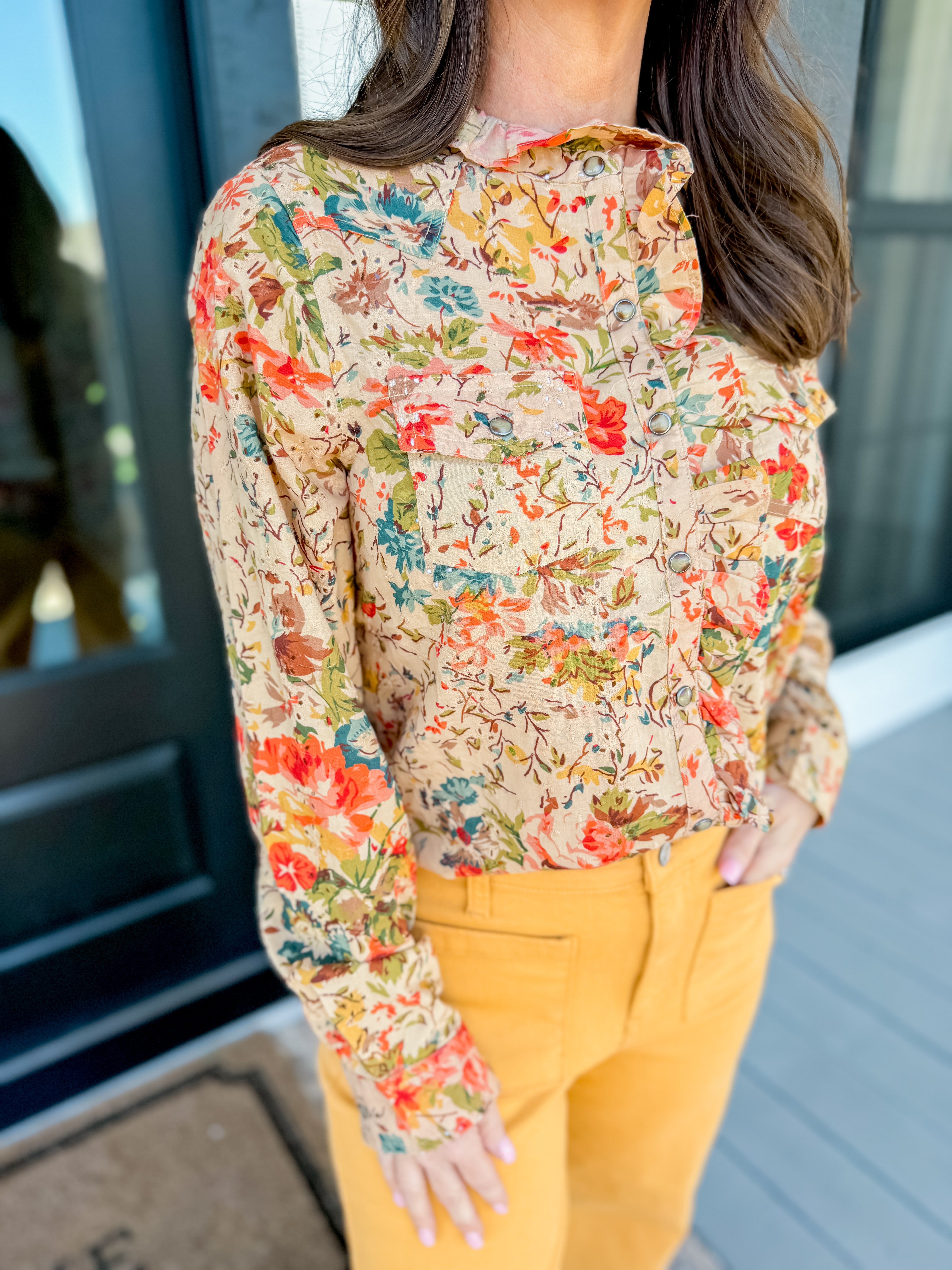 Eyelet Floral Snap Shirt in Tan