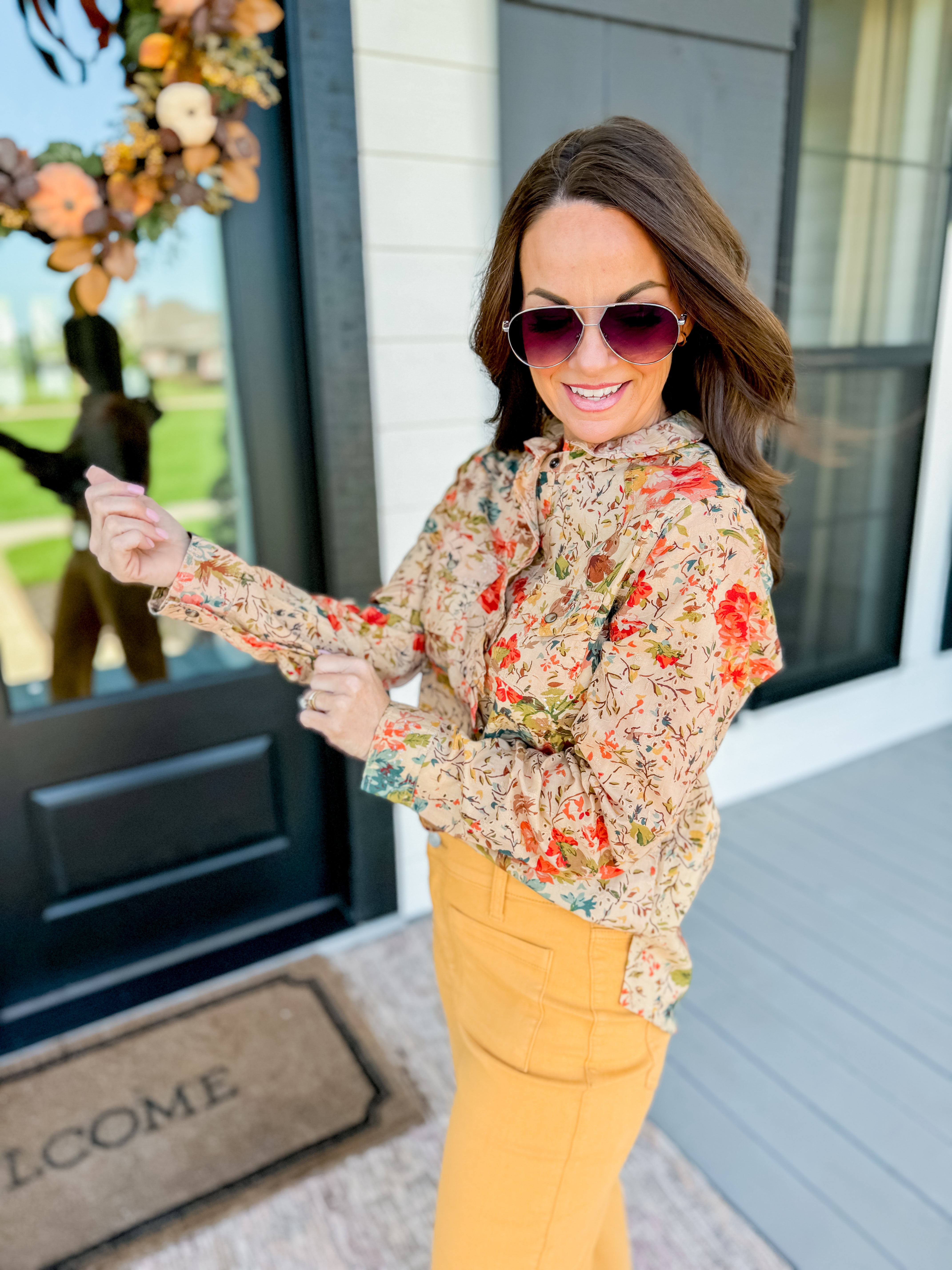 Eyelet Floral Snap Shirt in Tan