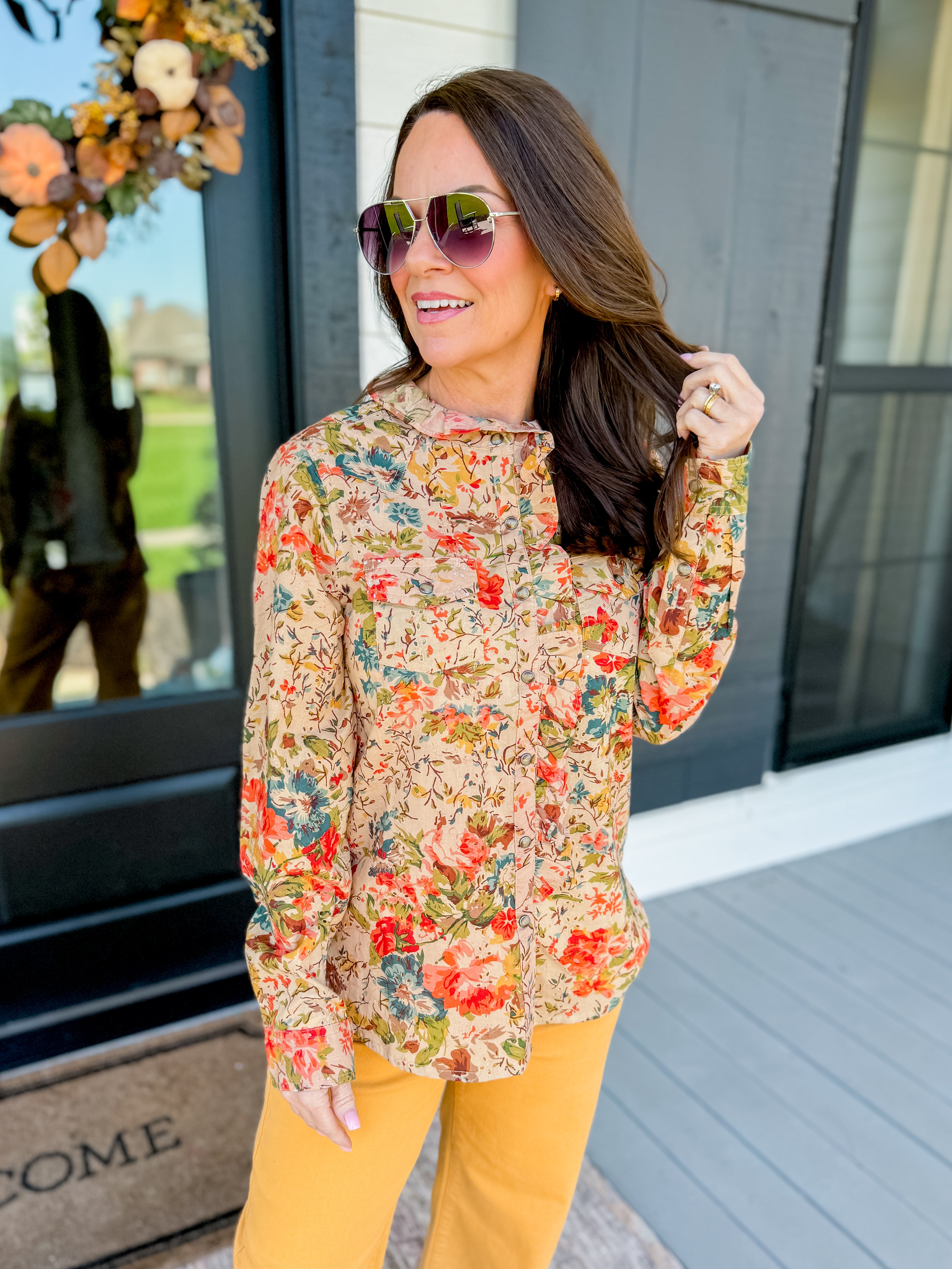 Eyelet Floral Snap Shirt in Tan