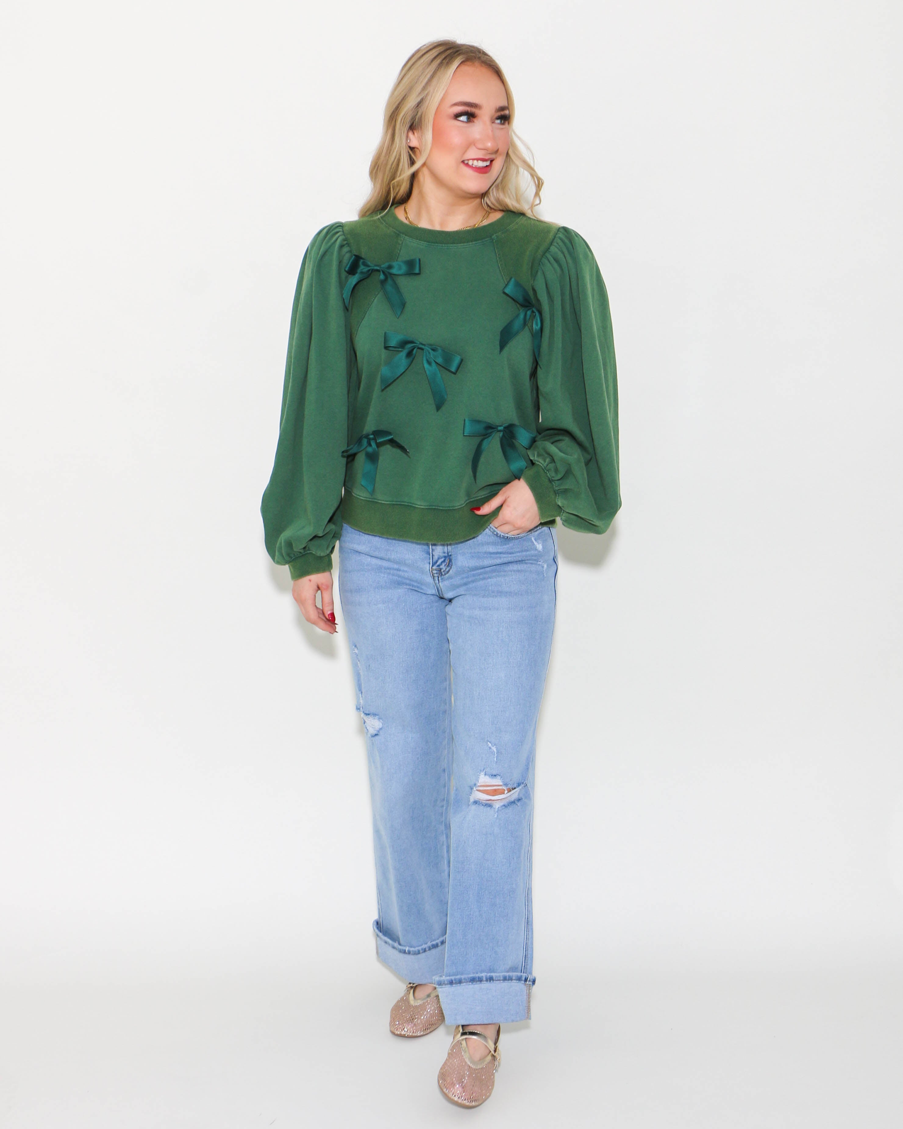 Bow Ties Patch Sweatshirt Top in Hunter Green