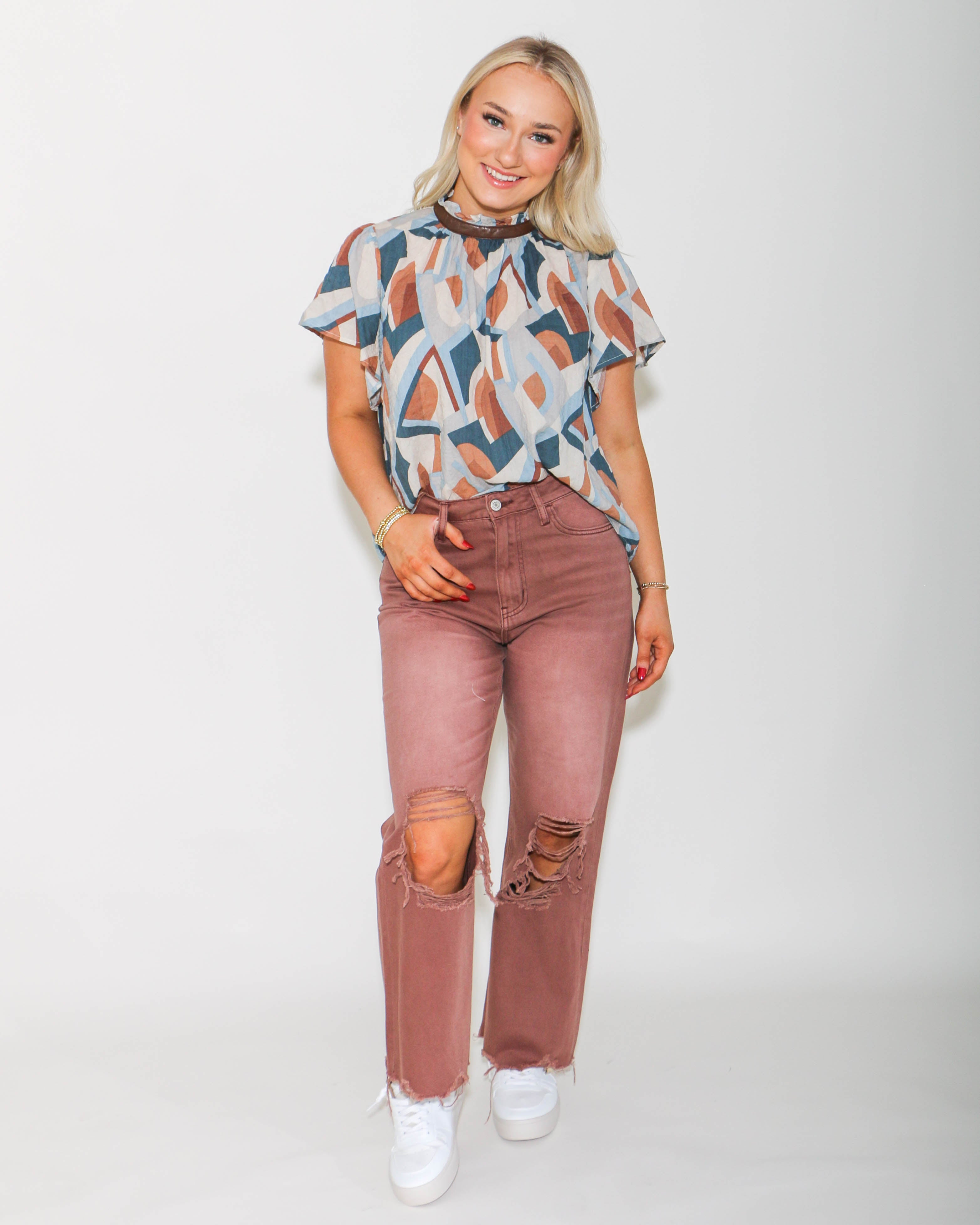 THML | Flutter Sleeve Print Top in Brown