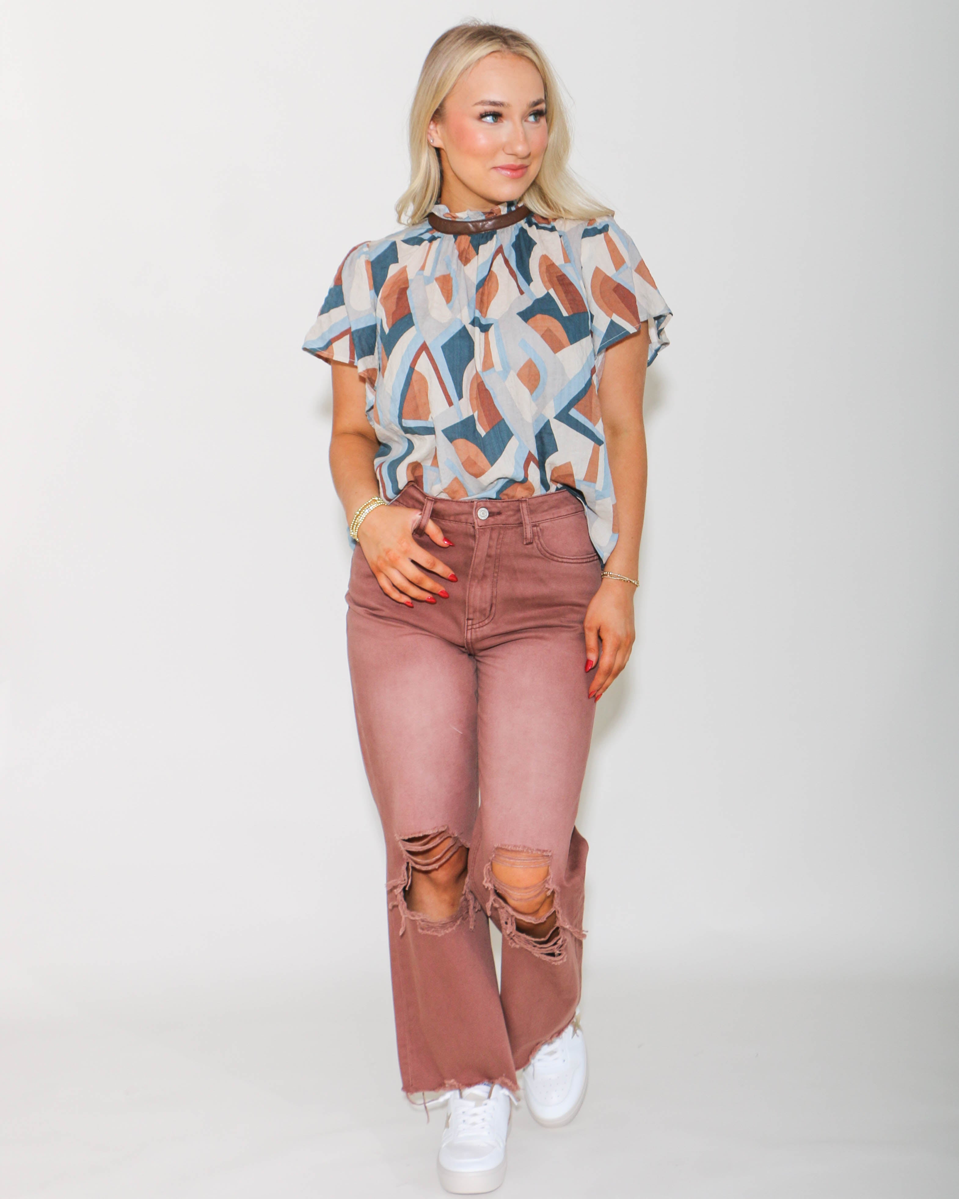 THML | Flutter Sleeve Print Top in Brown