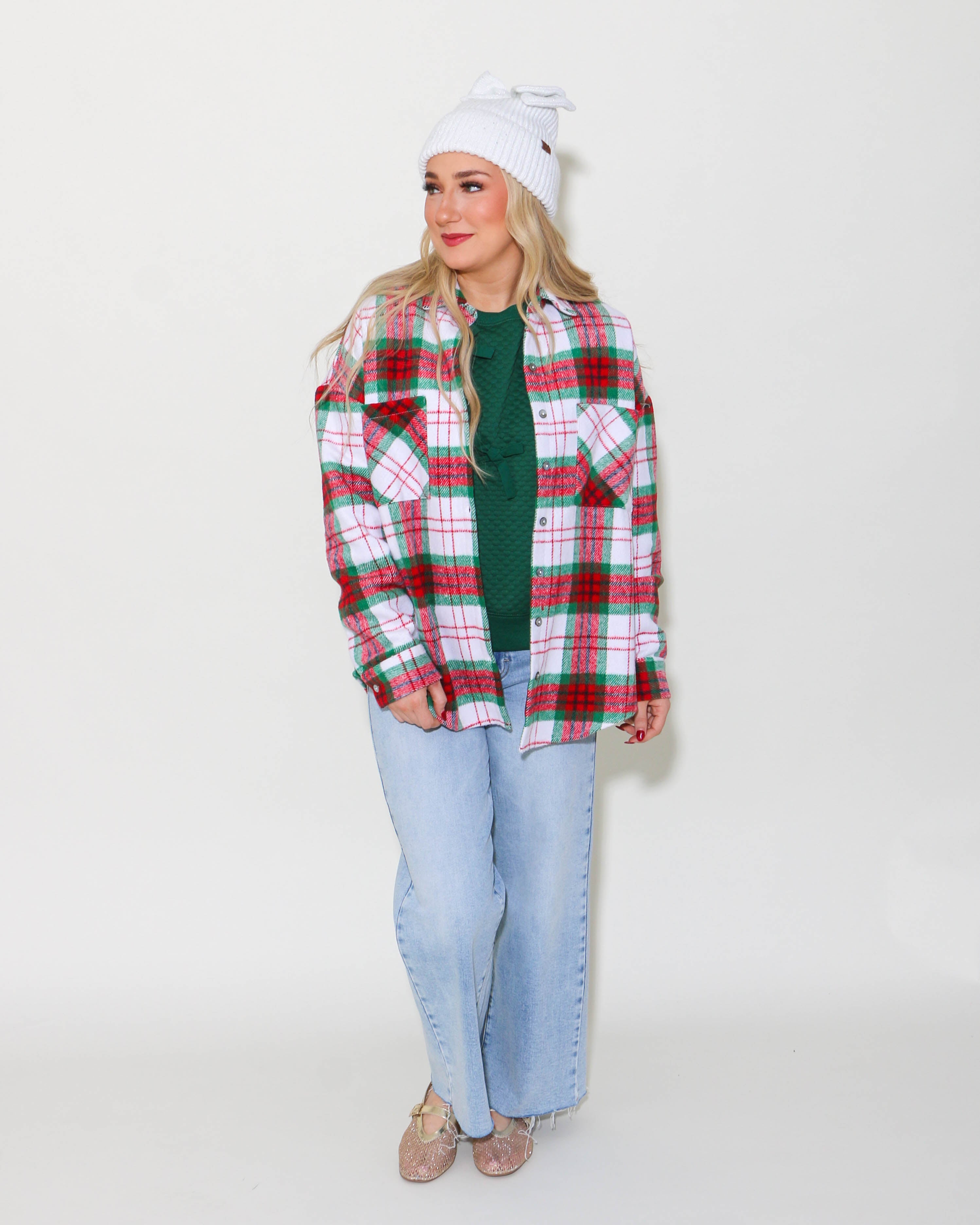 Long Sleeve Button Down Plaid Shacket With Front Pockets