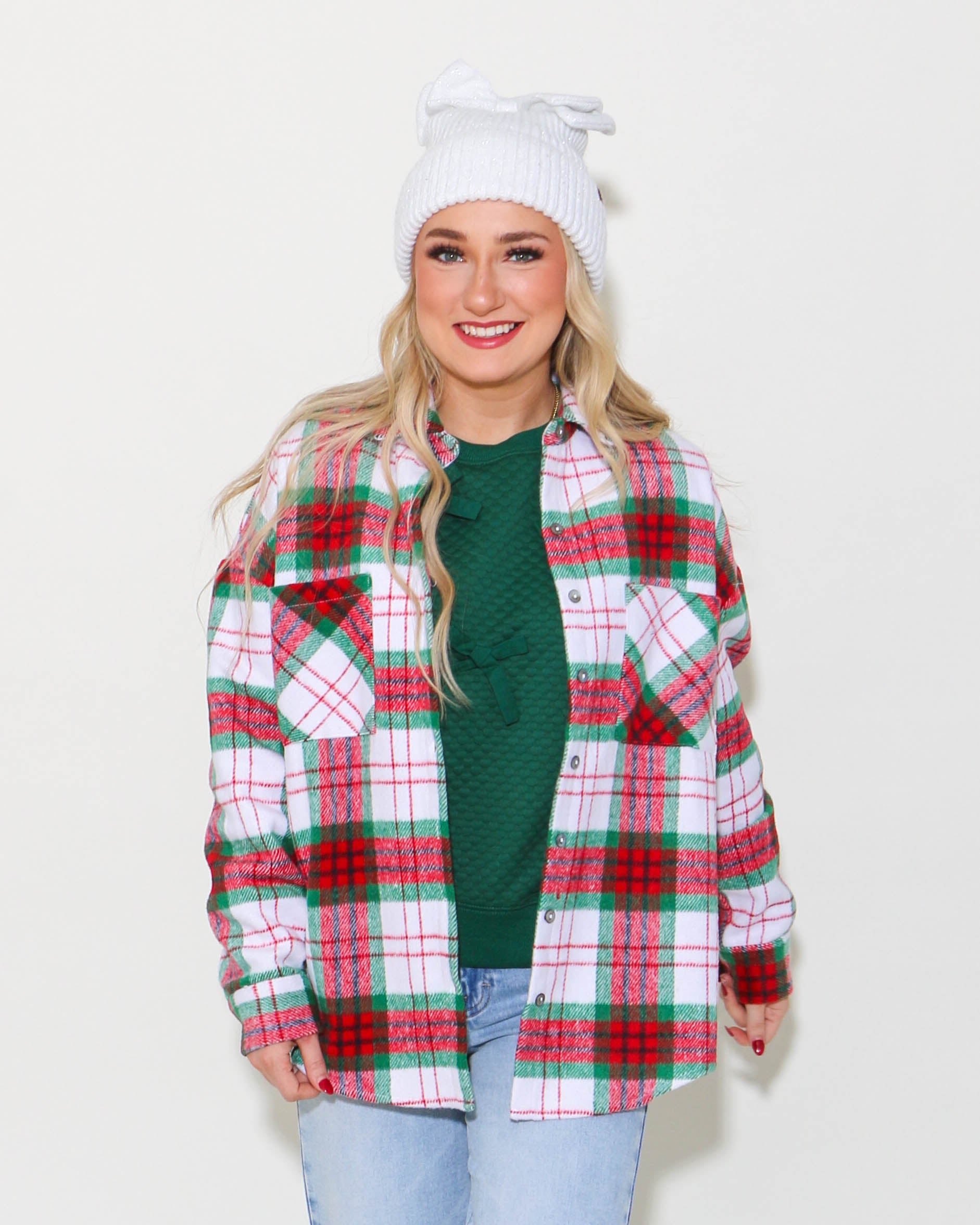 Long Sleeve Button Down Plaid Shacket With Front Pockets