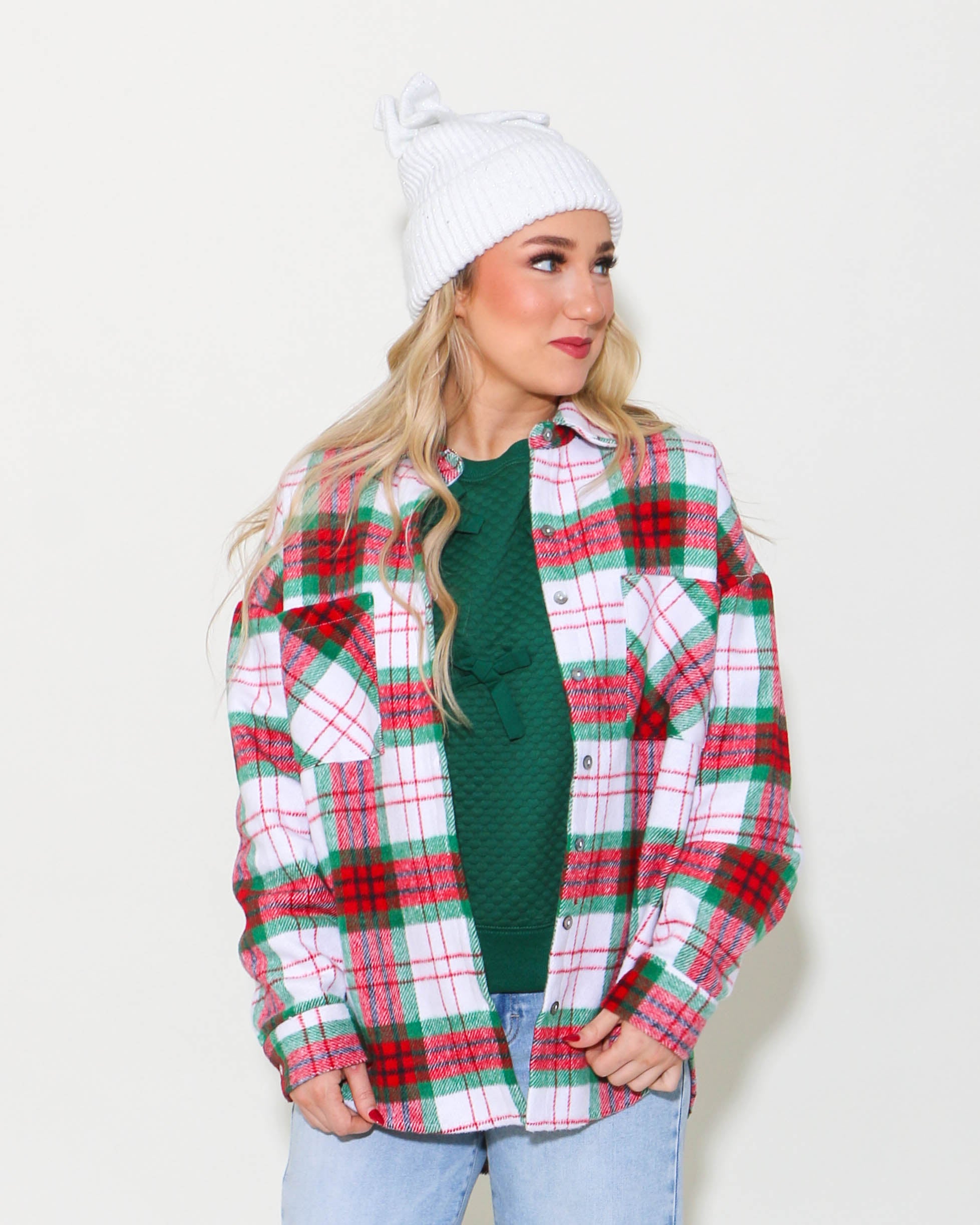 Long Sleeve Button Down Plaid Shacket With Front Pockets