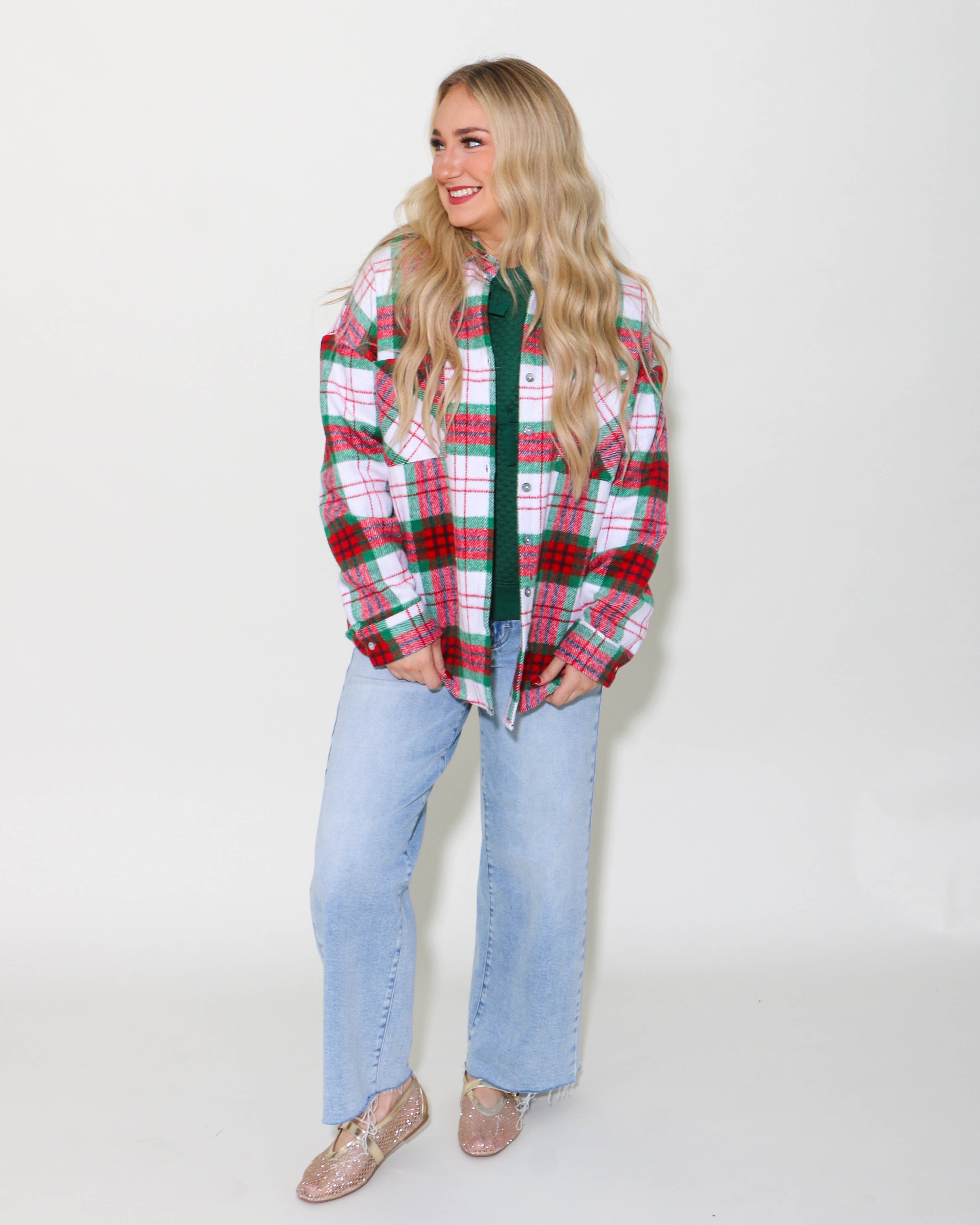 Long Sleeve Button Down Plaid Shacket With Front Pockets