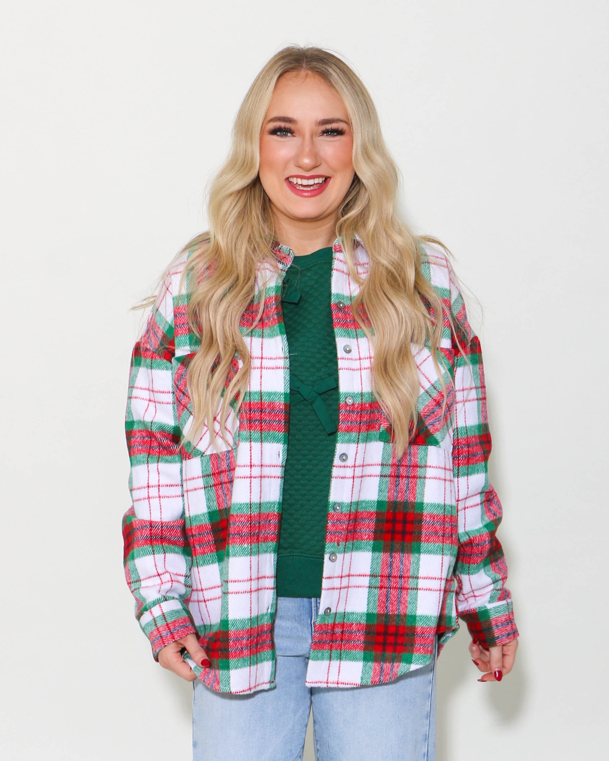 Long Sleeve Button Down Plaid Shacket With Front Pockets