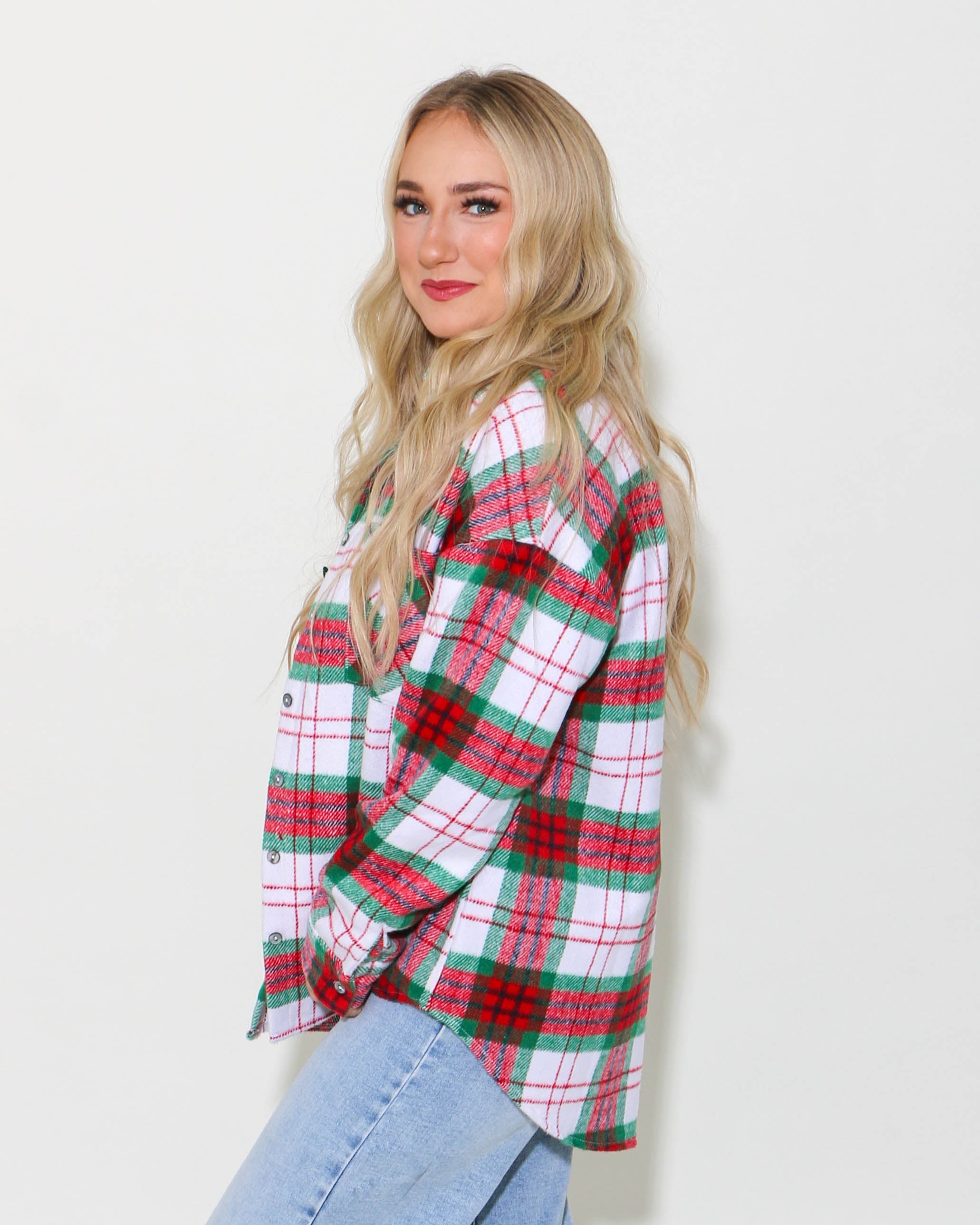 Long Sleeve Button Down Plaid Shacket With Front Pockets