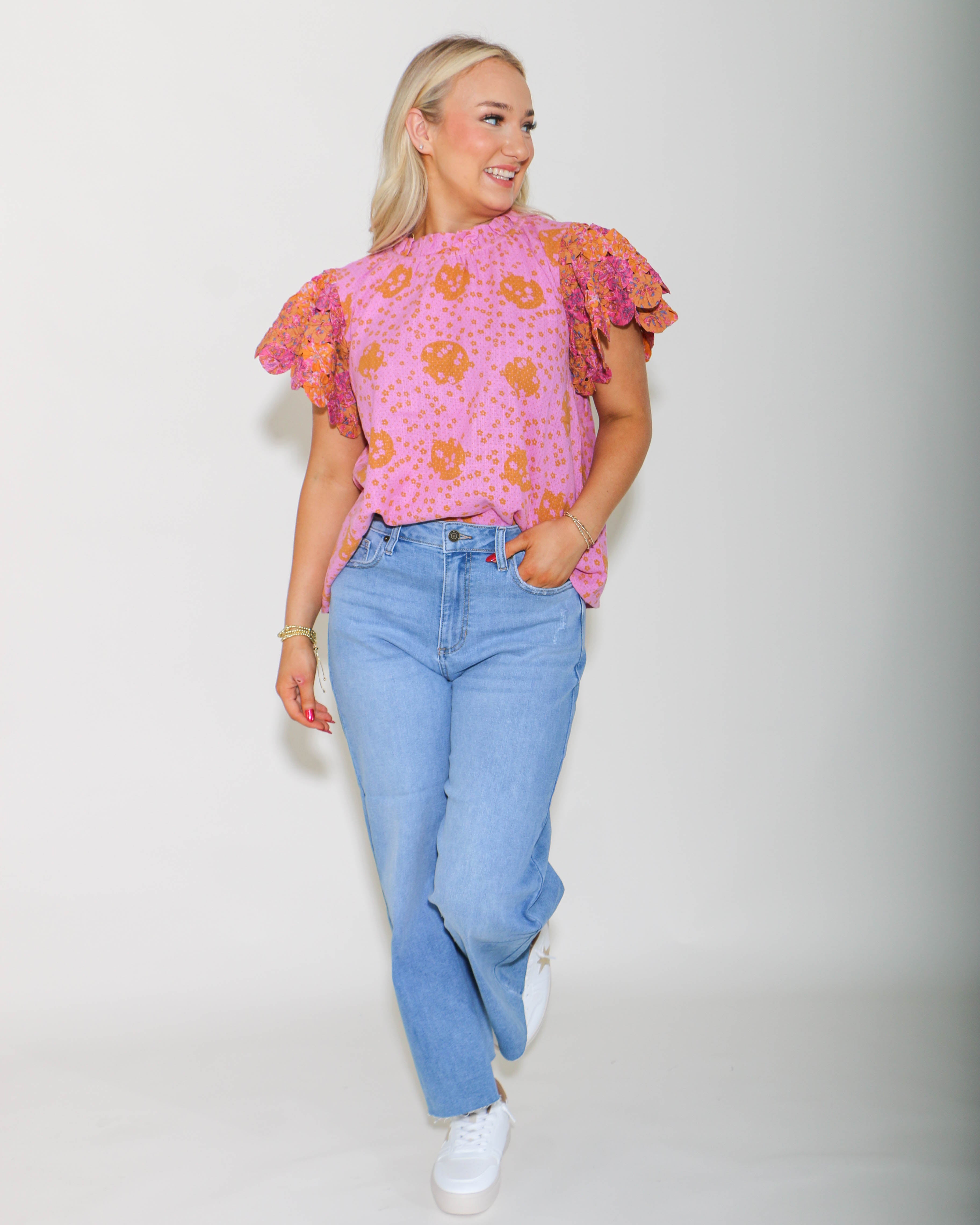 THML | Handmade Flower Embellished Sleeve Top