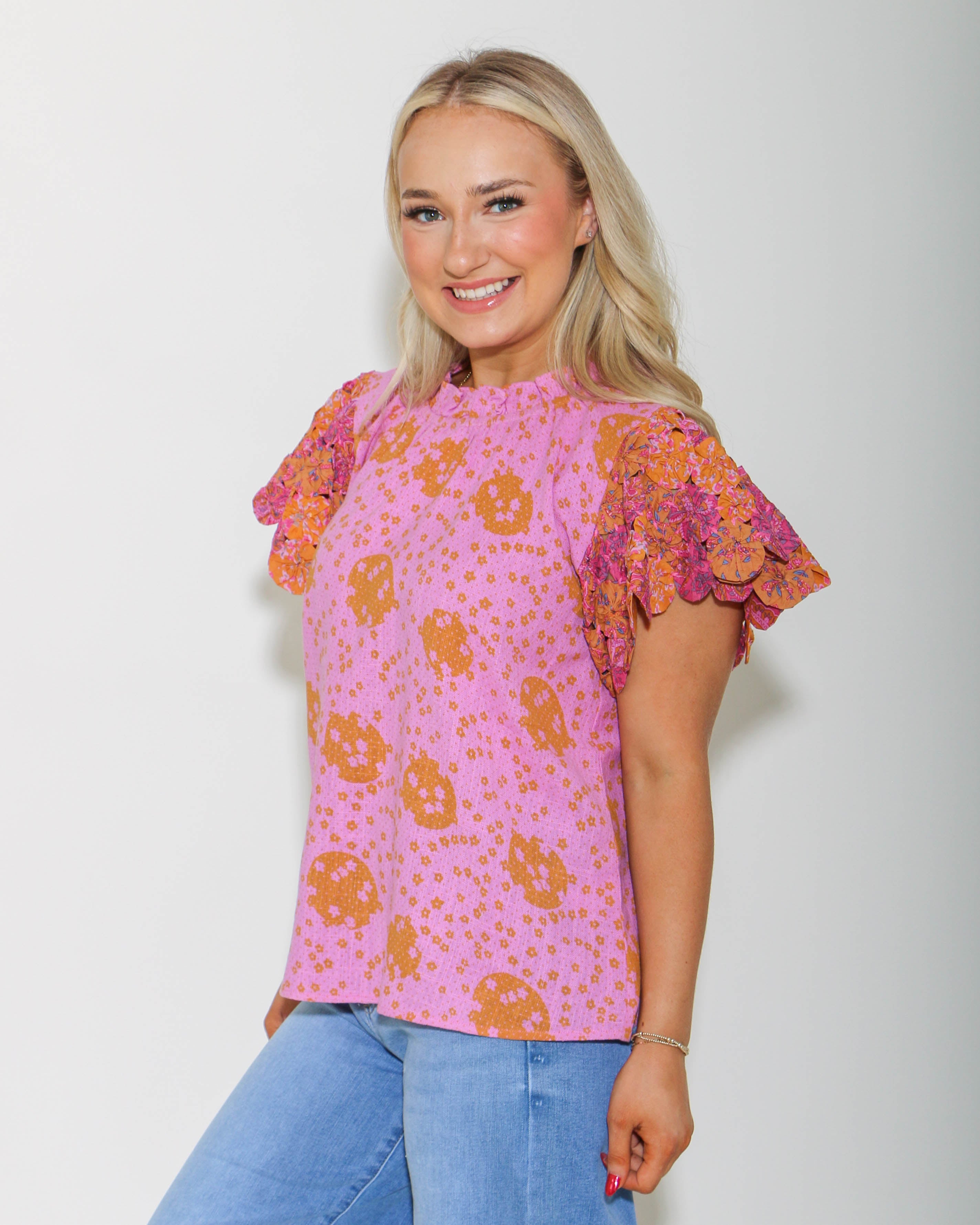 THML | Handmade Flower Embellished Sleeve Top