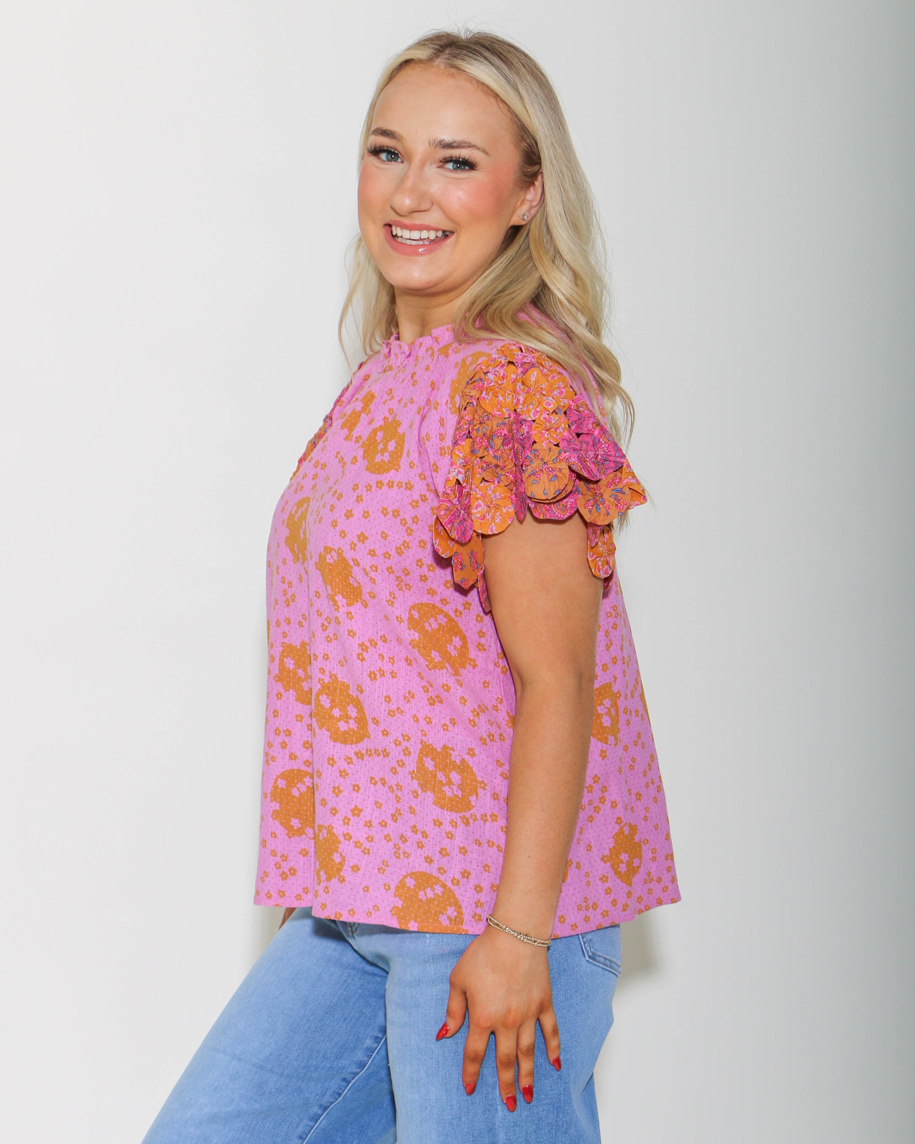 THML | Handmade Flower Embellished Sleeve Top