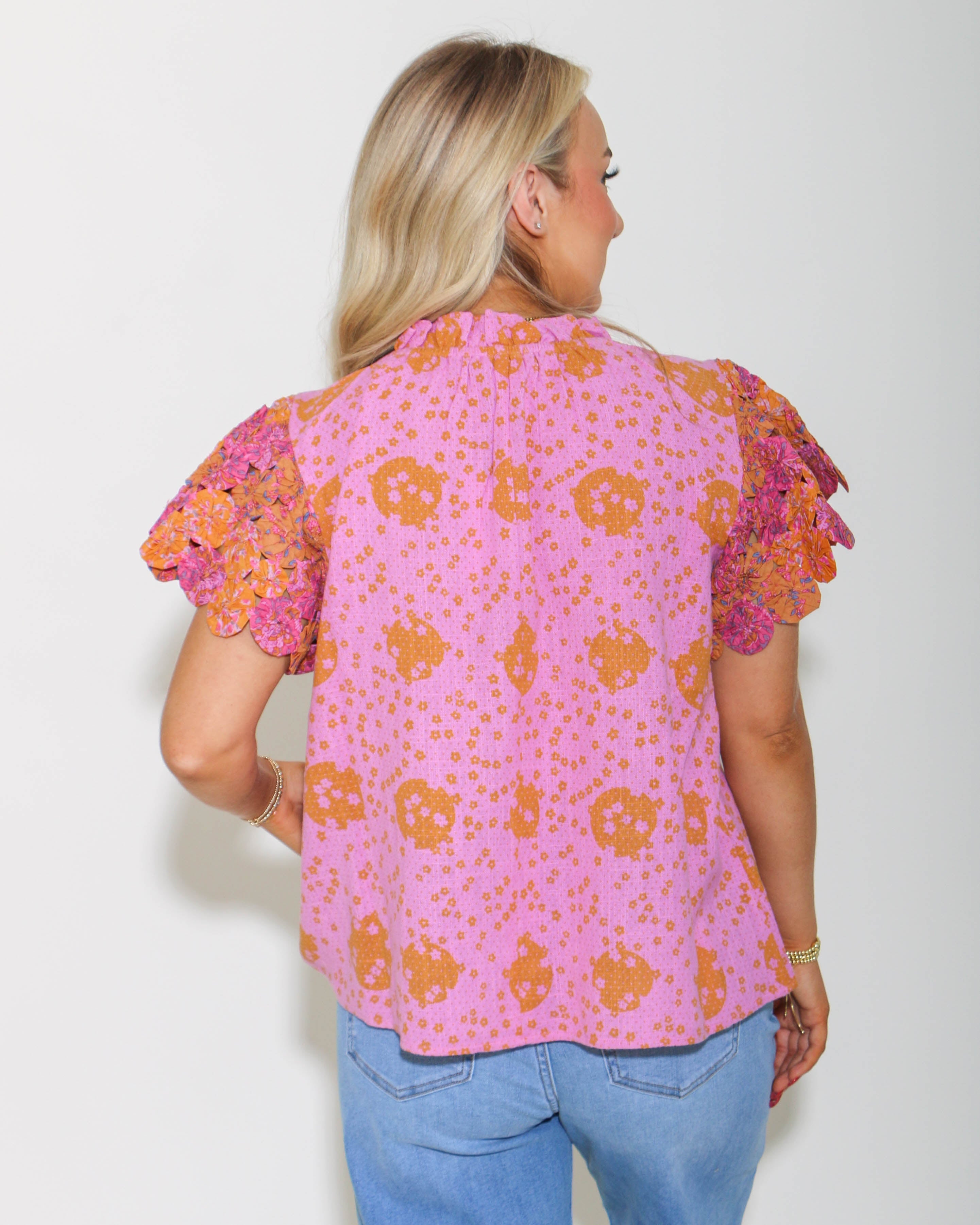 THML | Handmade Flower Embellished Sleeve Top