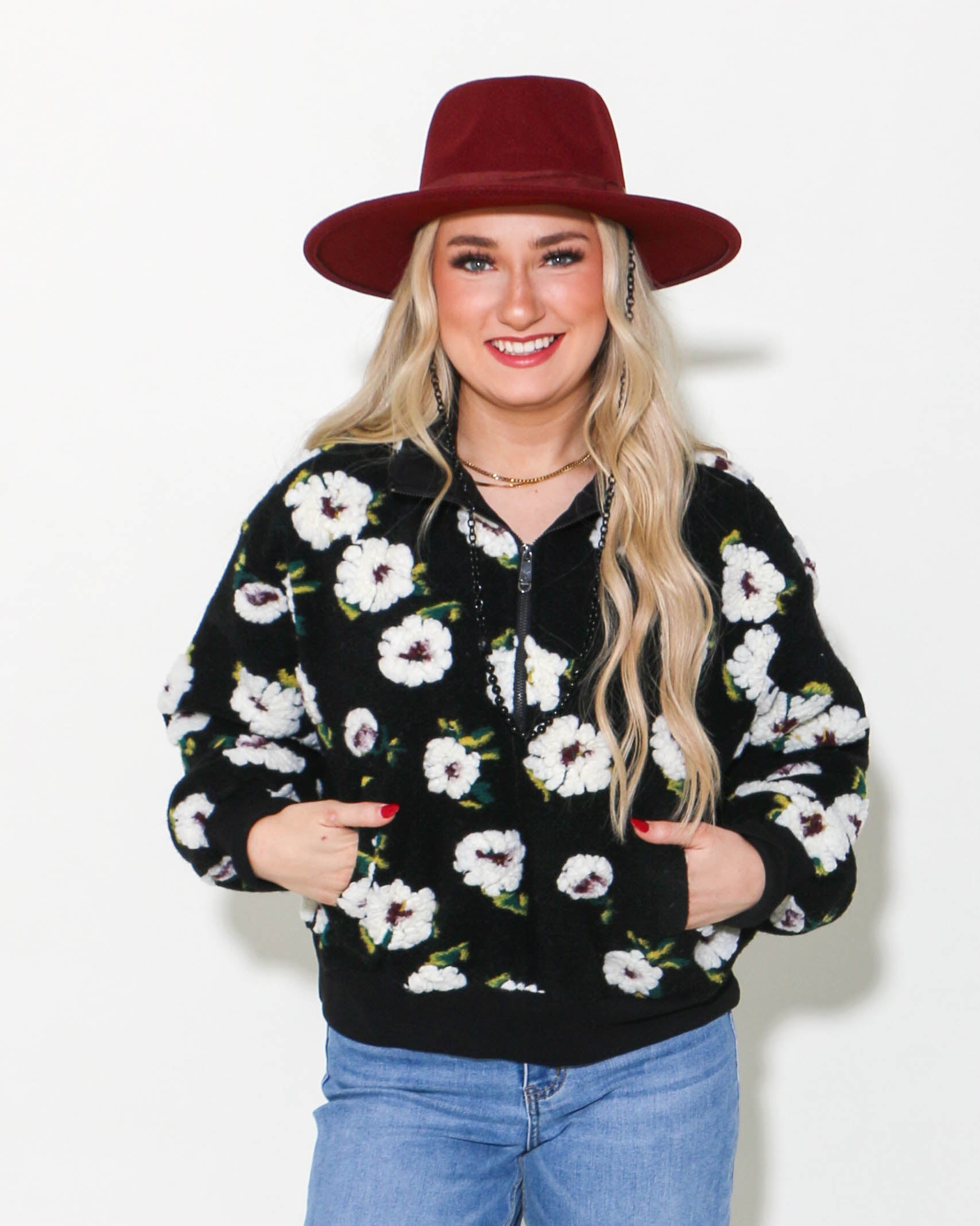 Black Floral Half Zip Sweater